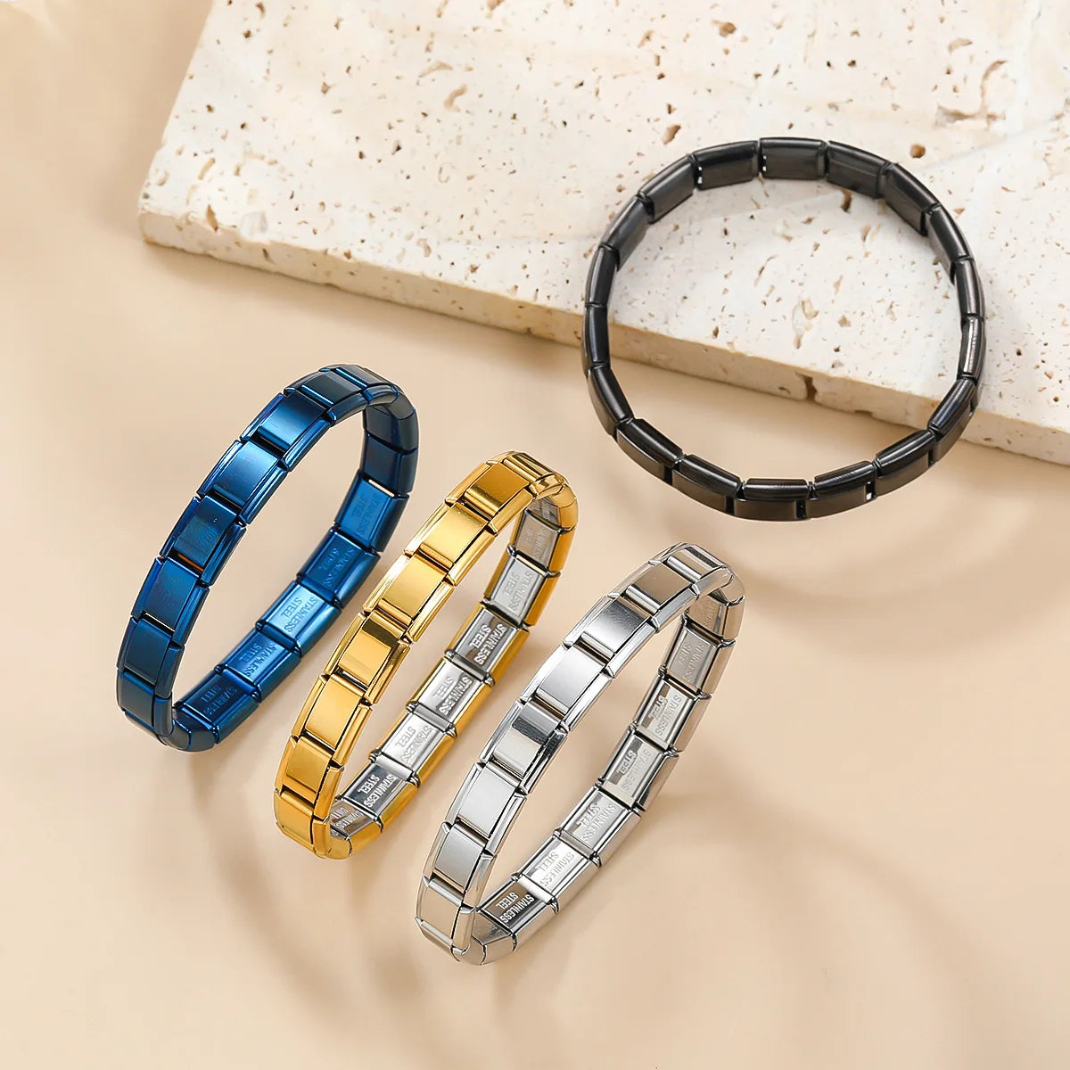 Trendy Square Italy Stainless Steel Bracelets For Women Men HipHop Metal Italian Modules Stretchable Gift Birthday Party Jewelry. Limited stock available.