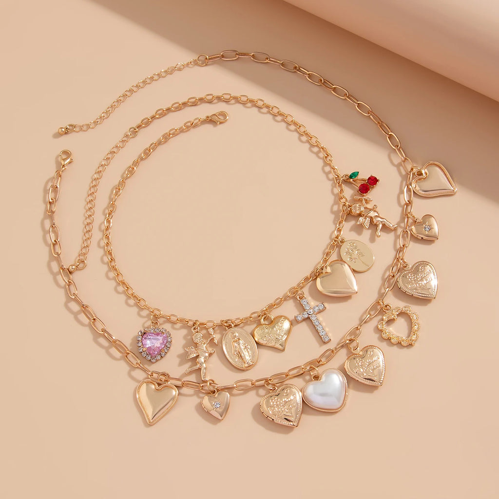 Ingemark Fashionable 2Pcs/Set Punk Classic Metal Chain Necklace for Women Vintage Love Heart Rhinestone Cross Pendant New Year Jewelry Gift. Limited stock available.