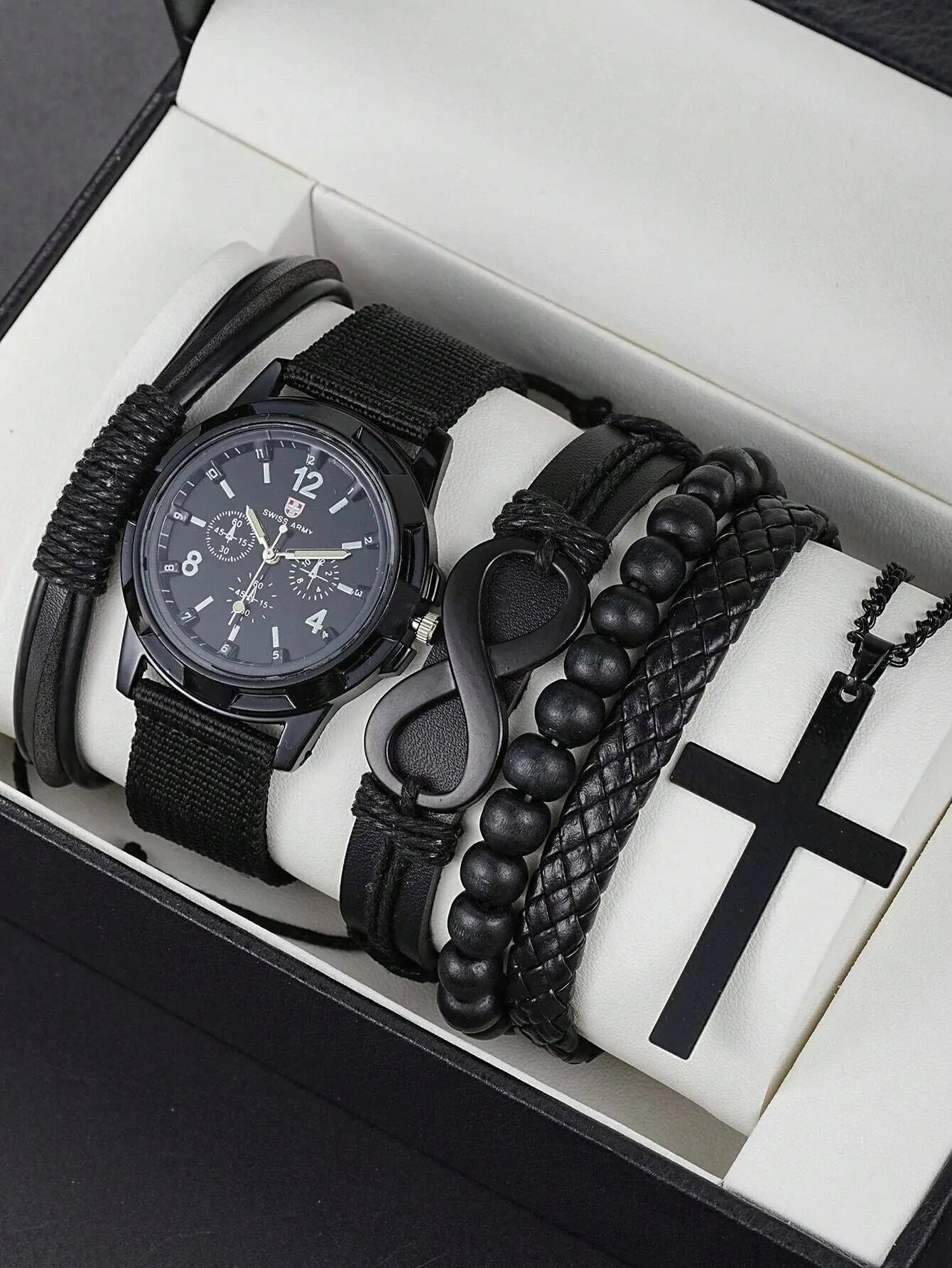 6pcs_Set Fashionable Pu Leather '8' Shape Beaded Bracelet With Mechanical Watch, Cross Pendant Necklace For Men, Black-Colored. Limited stock available.