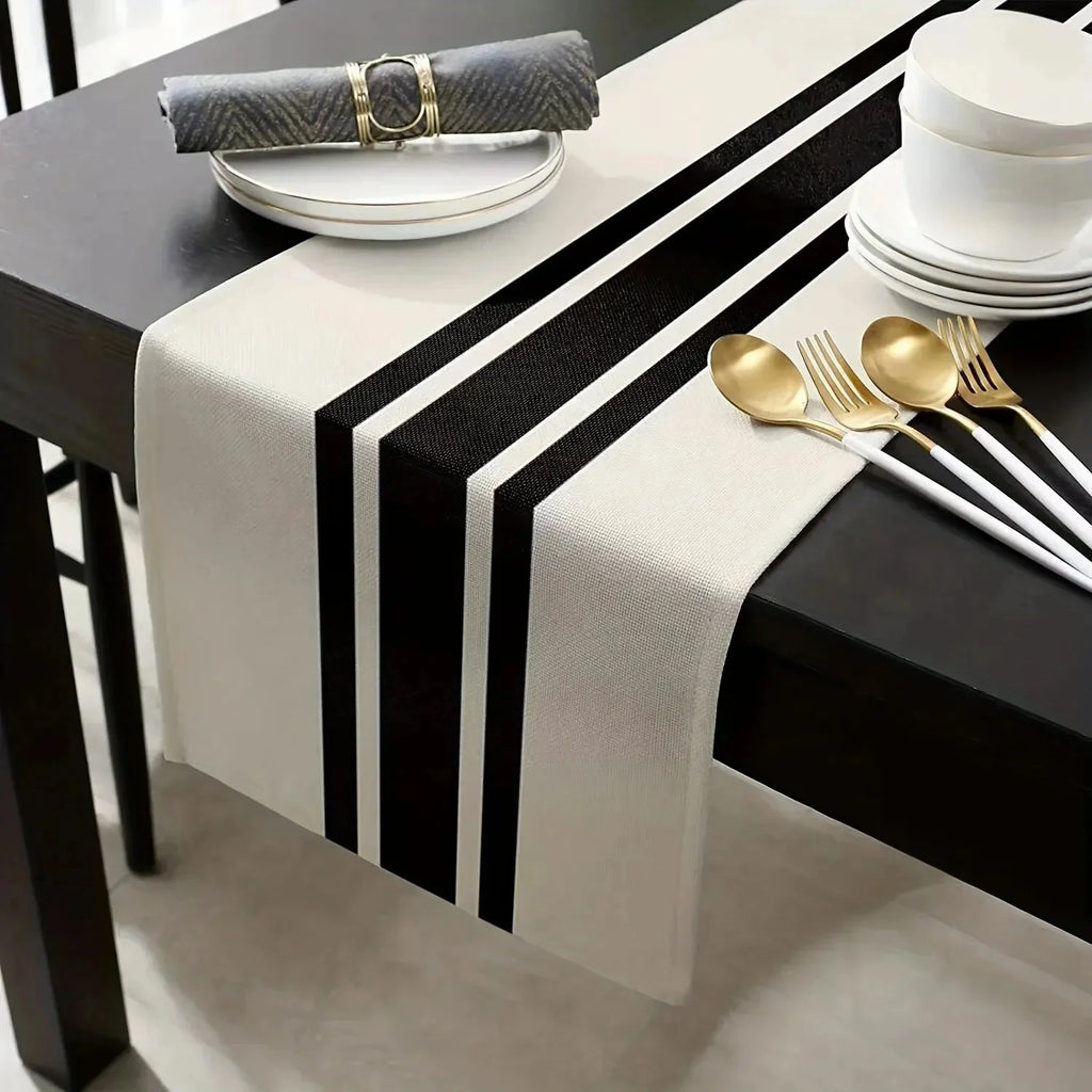1 pc Geometric Stripe Linen Table Runner, Modern Simple Black AndWhite Plaid Classic Vintage Table Cloth, Home Decoration 1pc Geo