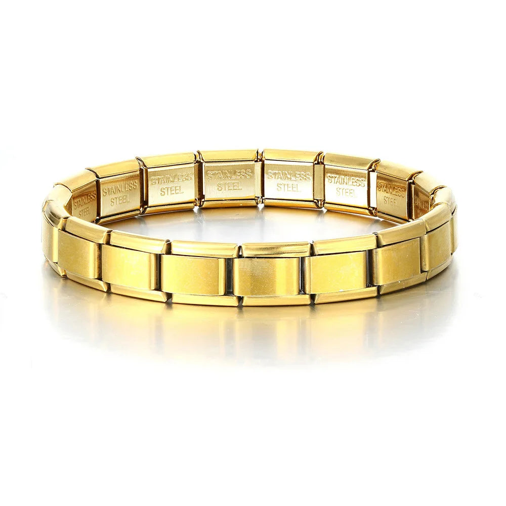 Trendy Square Italy Stainless Steel Bracelets For Women Men HipHop Metal Italian Modules Stretchable Gift Birthday Party Jewelry. Limited stock available.