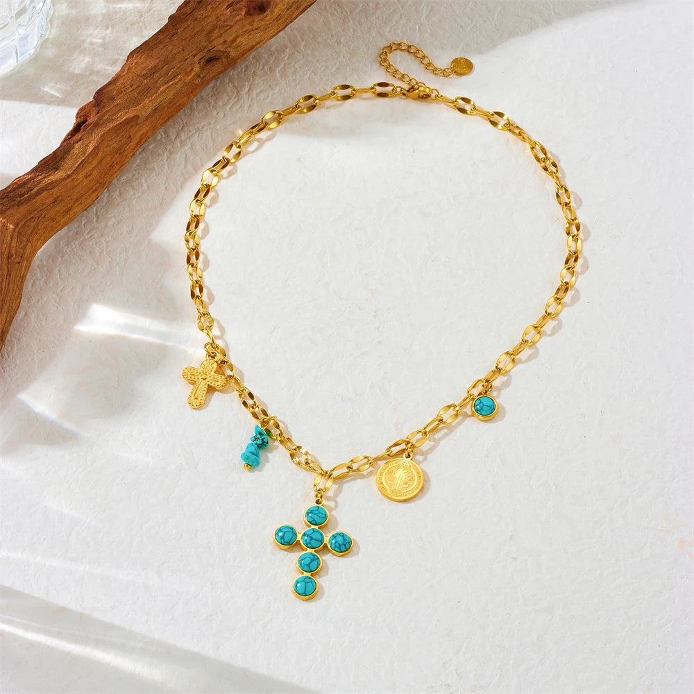 Unique Stainless Steel Round Turquoise Inlaid Cross Pendant Necklace For Women Girl New Fashion Neck Chain Jewelry Gift. Limited stock available.