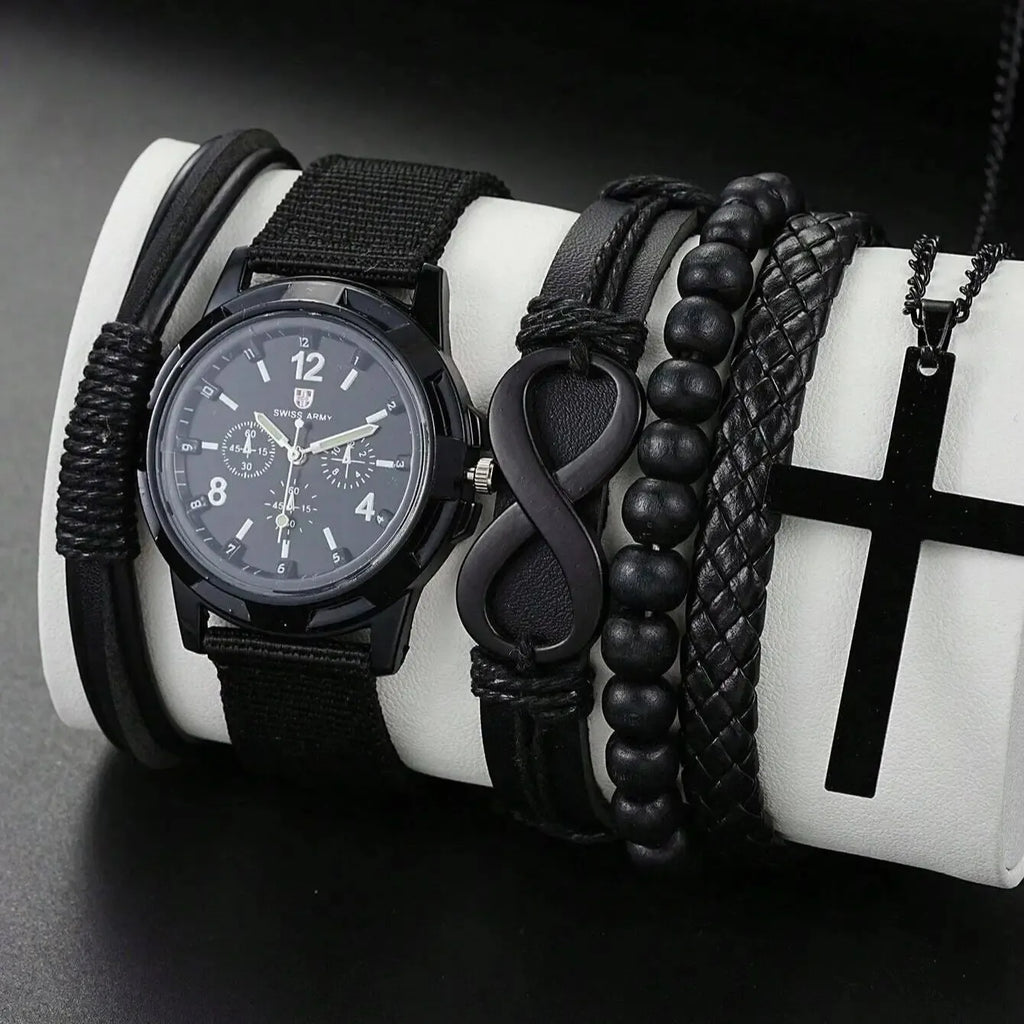 6pcs_Set Fashionable Pu Leather '8' Shape Beaded Bracelet With Mechanical Watch, Cross Pendant Necklace For Men, Black-Colored. Limited stock available.