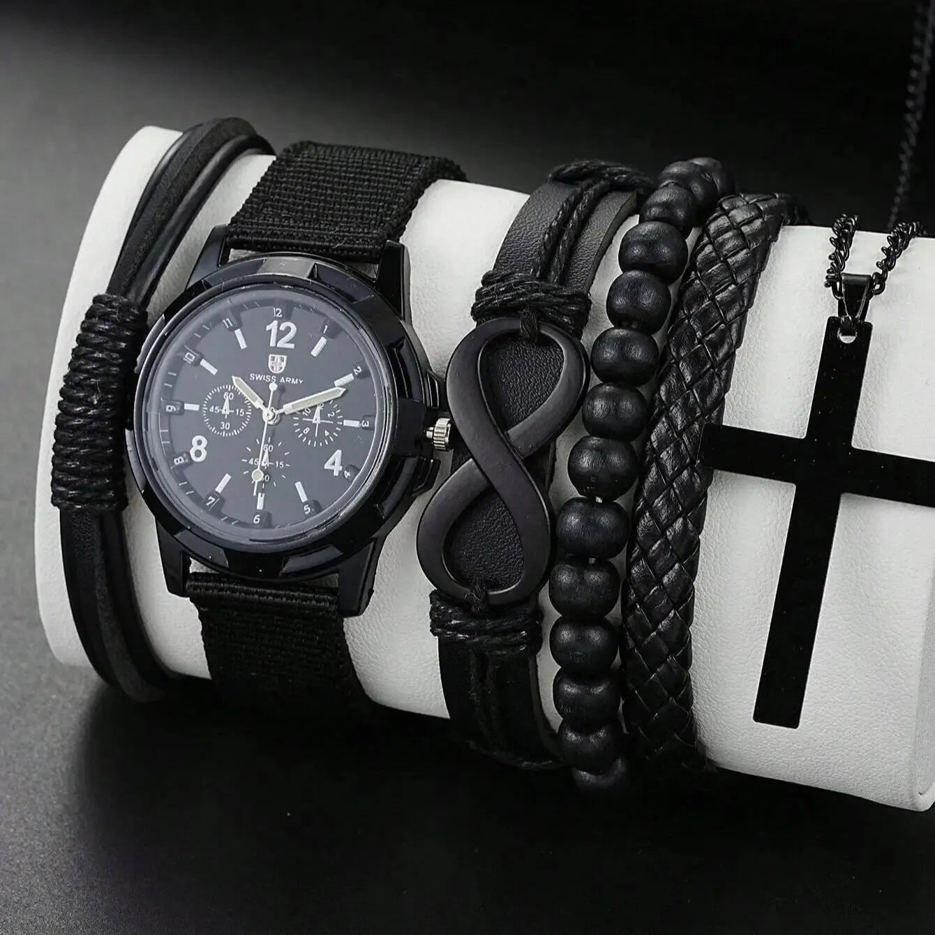 6pcs_Set Fashionable Pu Leather '8' Shape Beaded Bracelet With Mechanical Watch, Cross Pendant Necklace For Men, Black-Colored. Limited stock available.