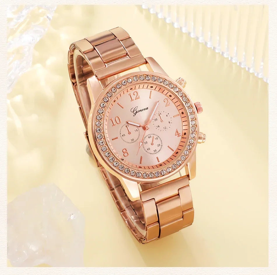 6PCS Set Rose Gold Luxury Watch Women Ring Necklace Earring Rhinestone Fashion Wristwatch Casual Ladies Bracelet Watches. Limited stock available.