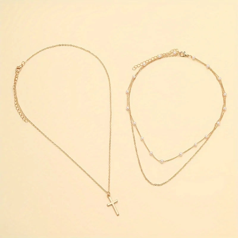 Miss JQ Minimalist style cross pendant, pearl chain, multi-layered necklace, crystal creative, women's jewelry accessories. Limited stock available.