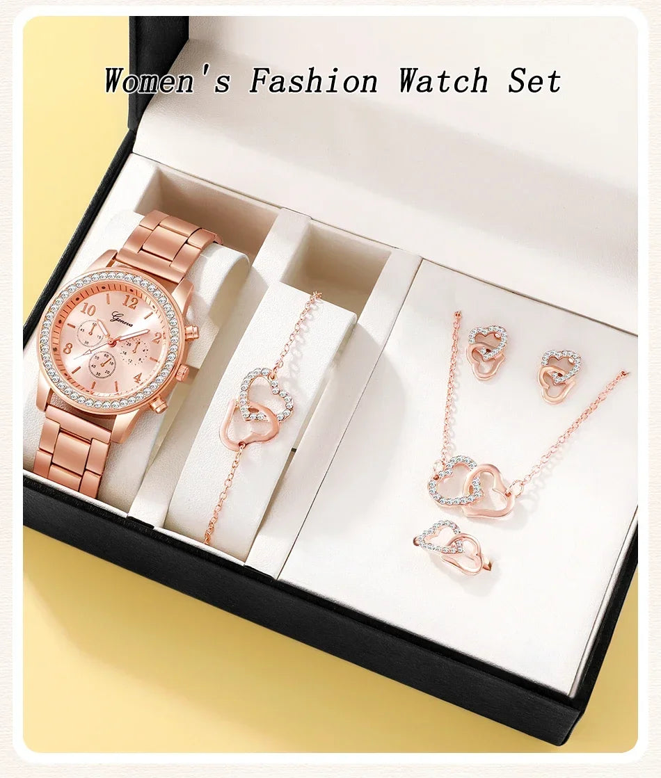 6PCS Set Rose Gold Luxury Watch Women Ring Necklace Earring Rhinestone Fashion Wristwatch Casual Ladies Bracelet Watches. Limited stock available.