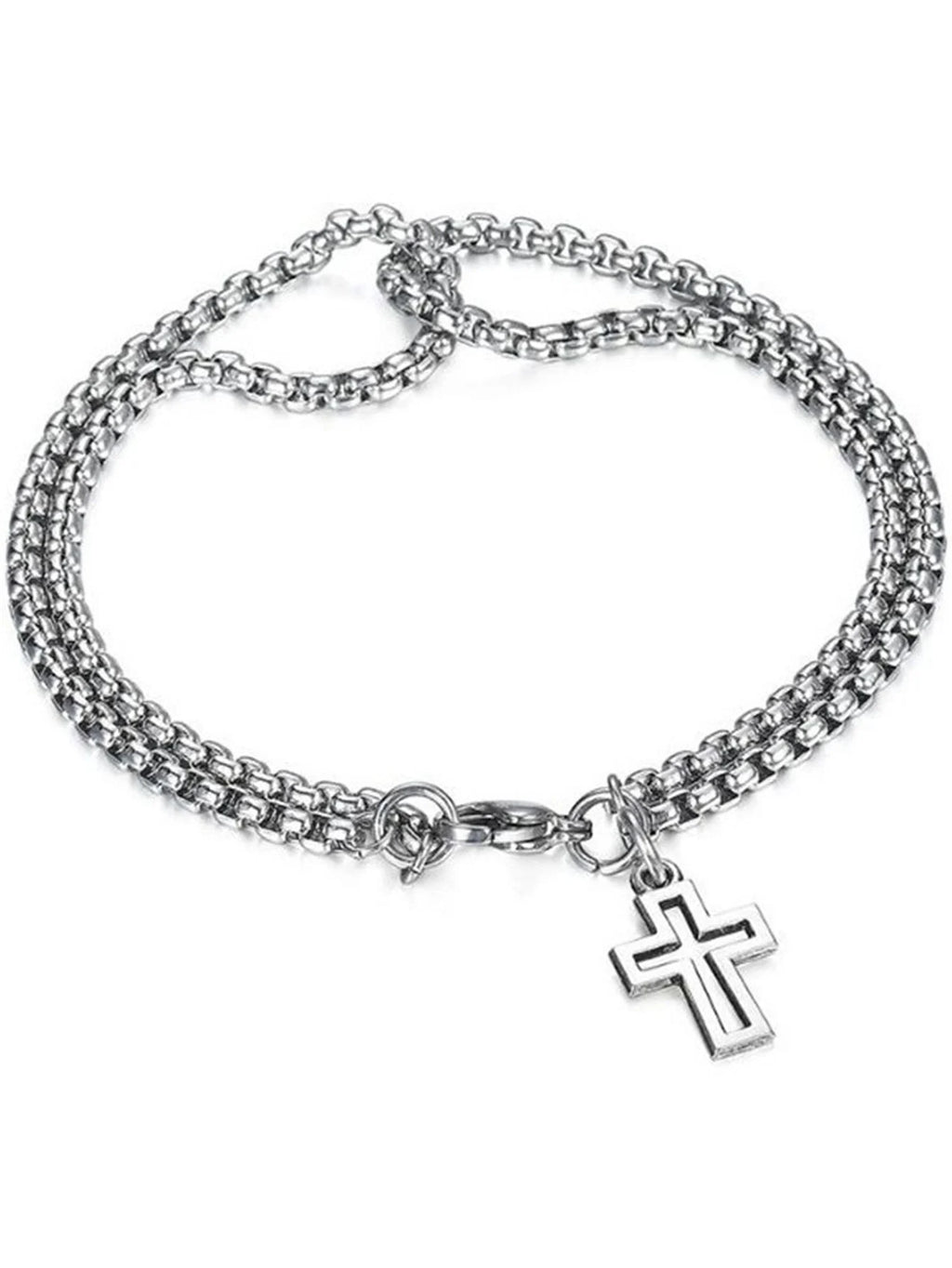 Men's Fashion Double Chain Cross Hollow Wrist Bracelet Lobster Claw Buckle Stainless Steel Bracelet Hip Hop Punk Party Jewelry. Limited stock available.