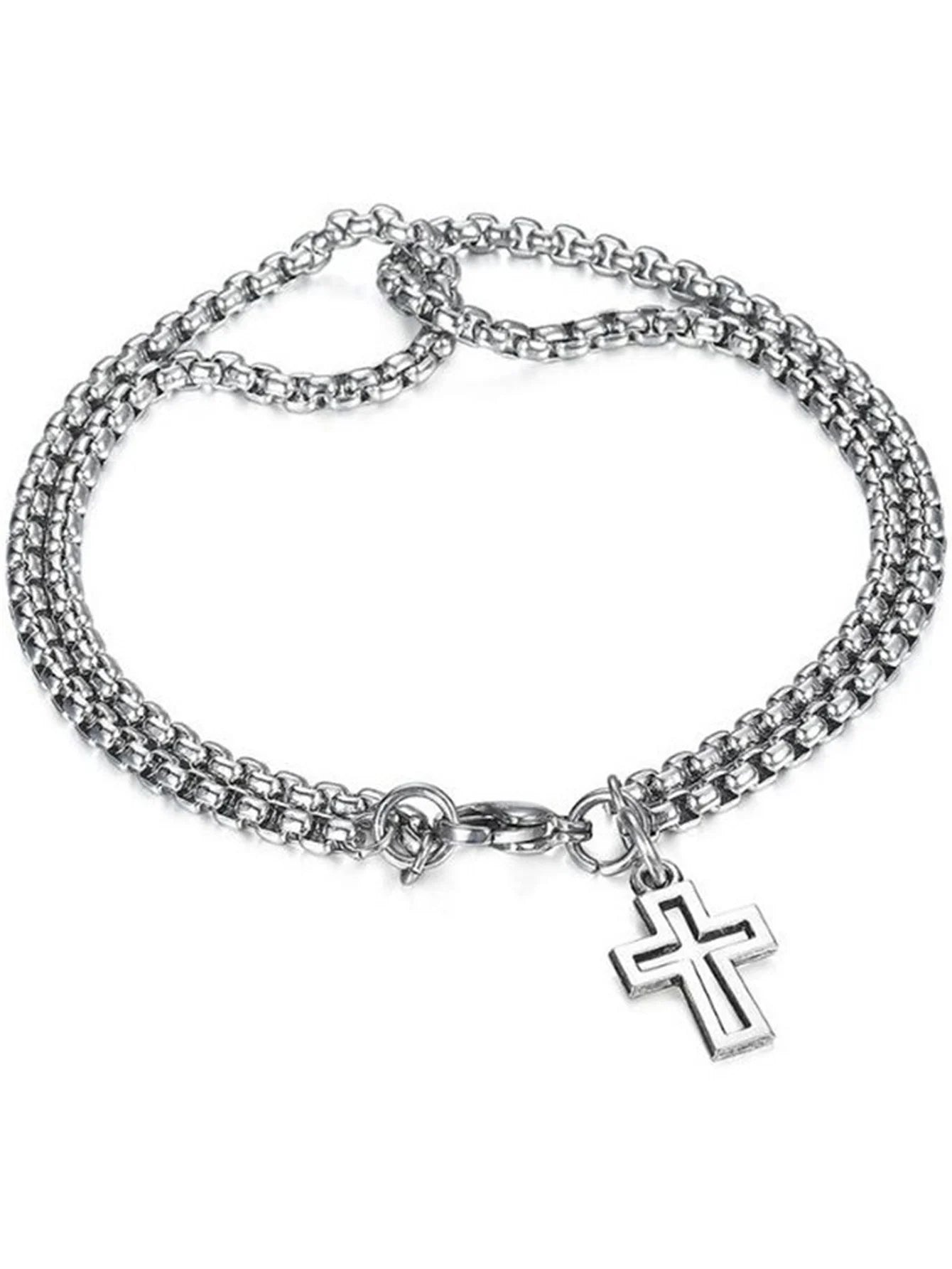 Men's Fashion Double Chain Cross Hollow Wrist Bracelet Lobster Claw Buckle Stainless Steel Bracelet Hip Hop Punk Party Jewelry. Limited stock available.