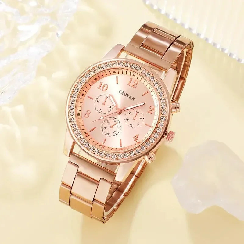 6PCS Set Rose Gold Luxury Watch Women Ring Necklace Earring Rhinestone Fashion Wristwatch Casual Ladies Bracelet Watches. Limited stock available.