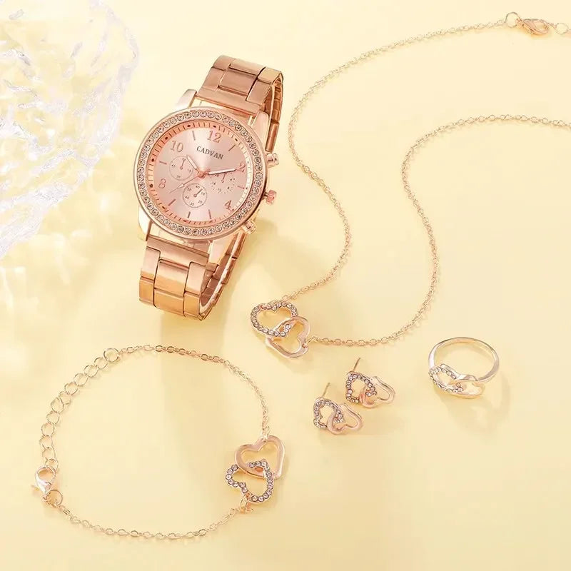 6PCS Set Rose Gold Luxury Watch Women Ring Necklace Earring Rhinestone Fashion Wristwatch Casual Ladies Bracelet Watches. Limited stock available.