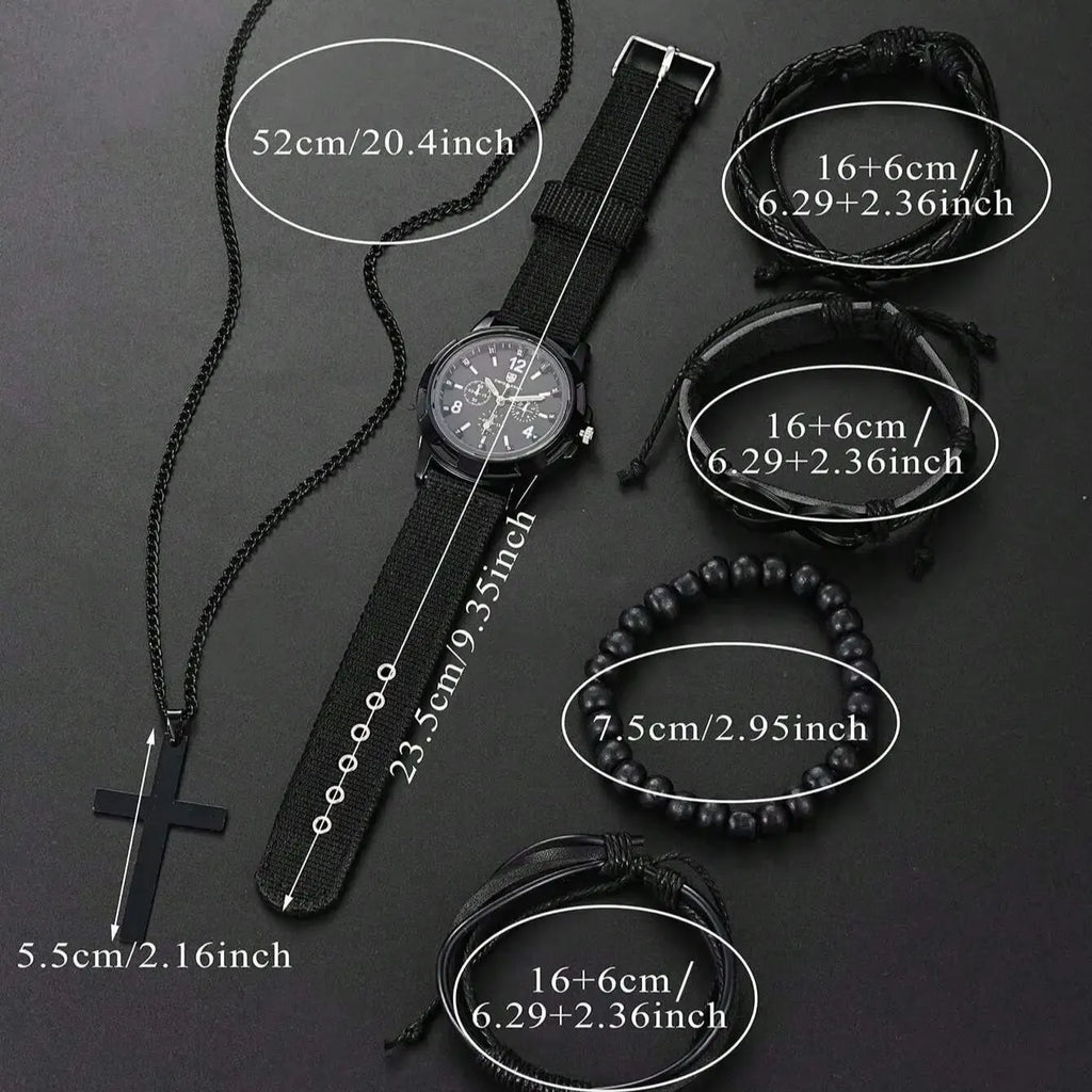 6pcs_Set Fashionable Pu Leather '8' Shape Beaded Bracelet With Mechanical Watch, Cross Pendant Necklace For Men, Black-Colored. Limited stock available.