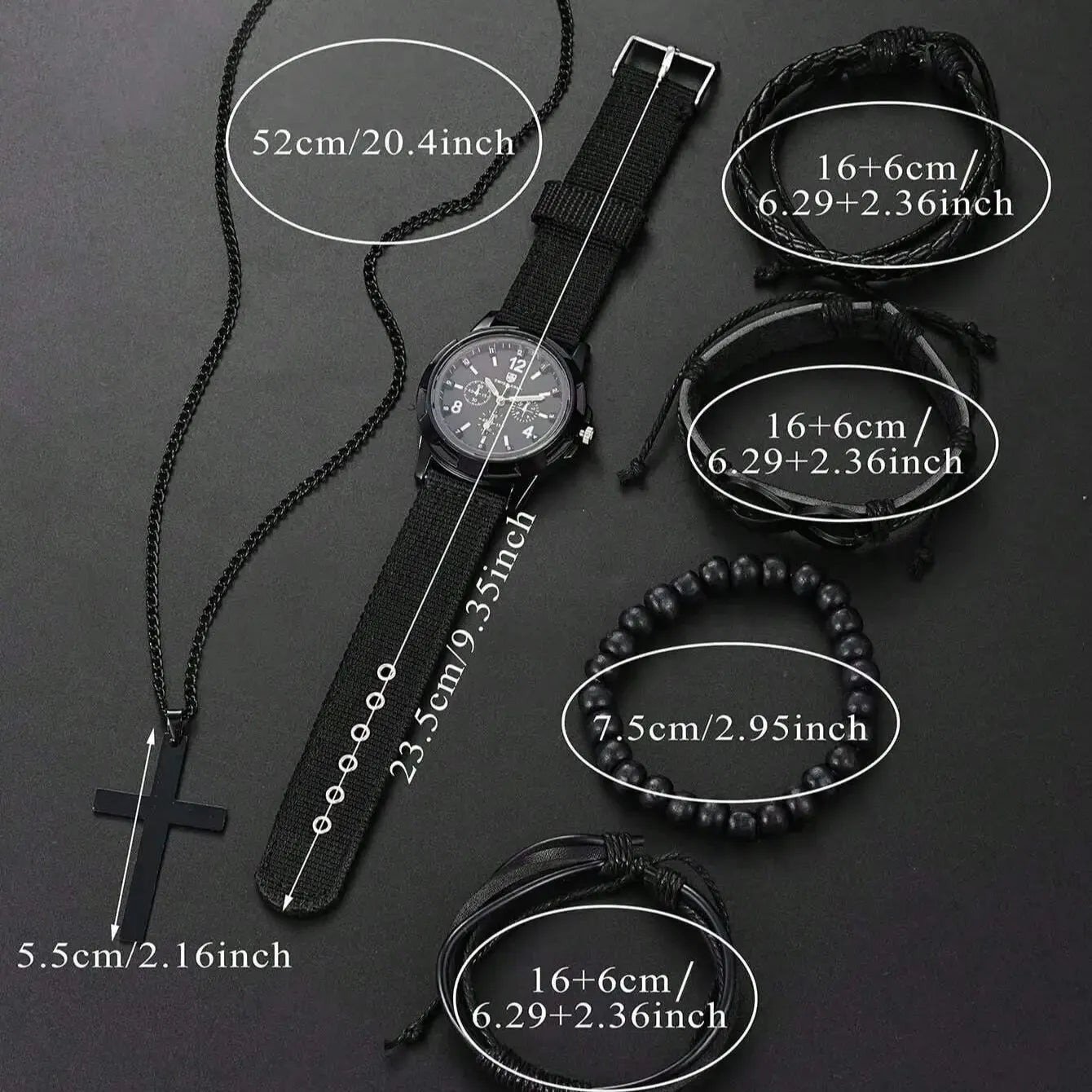 6pcs_Set Fashionable Pu Leather '8' Shape Beaded Bracelet With Mechanical Watch, Cross Pendant Necklace For Men, Black-Colored. Limited stock available.