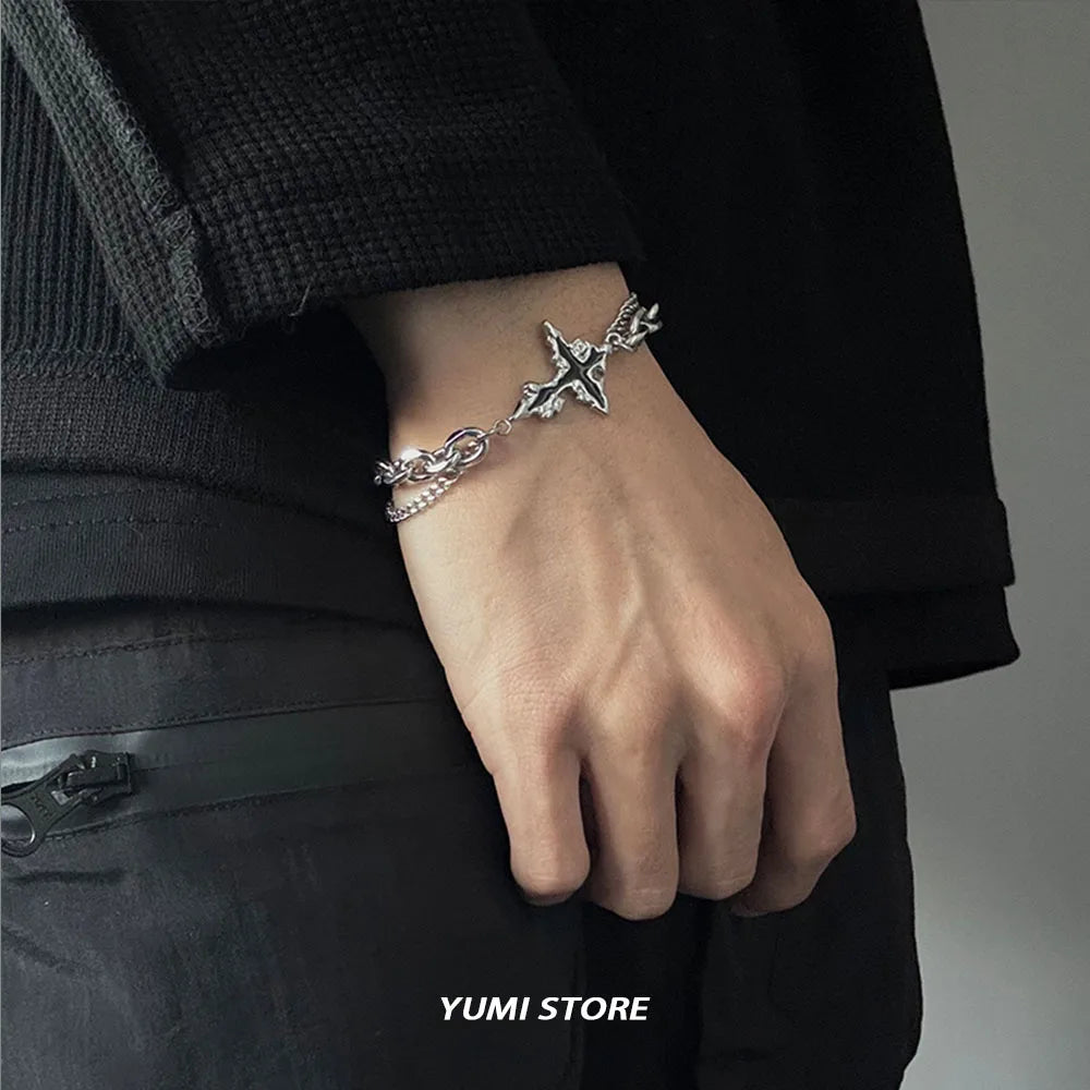 Retro Flame Cross Bracelet For Men Woman Hip Hop Titanium Steel Splice Chain Charm Unisex Jewelry Cool Kpop Luxury Accessories. Limited stock available.
