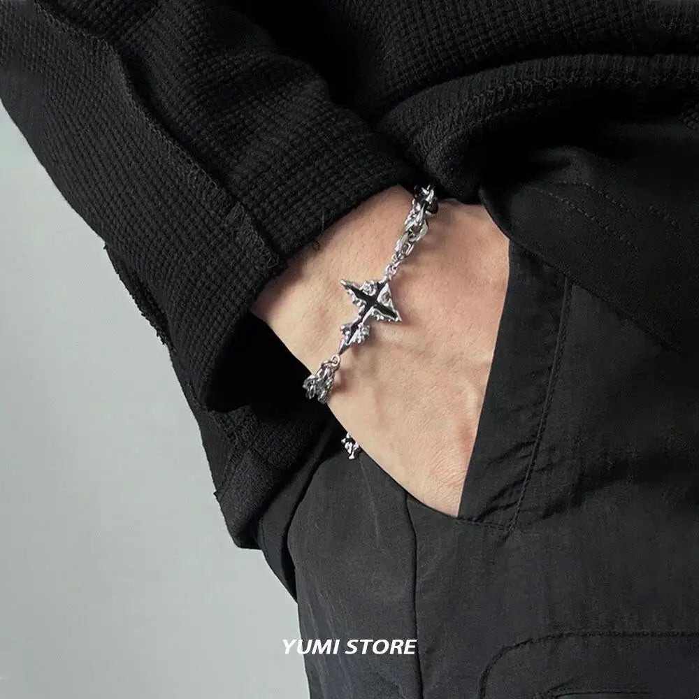 Retro Flame Cross Bracelet For Men Woman Hip Hop Titanium Steel Splice Chain Charm Unisex Jewelry Cool Kpop Luxury Accessories. Limited stock available.