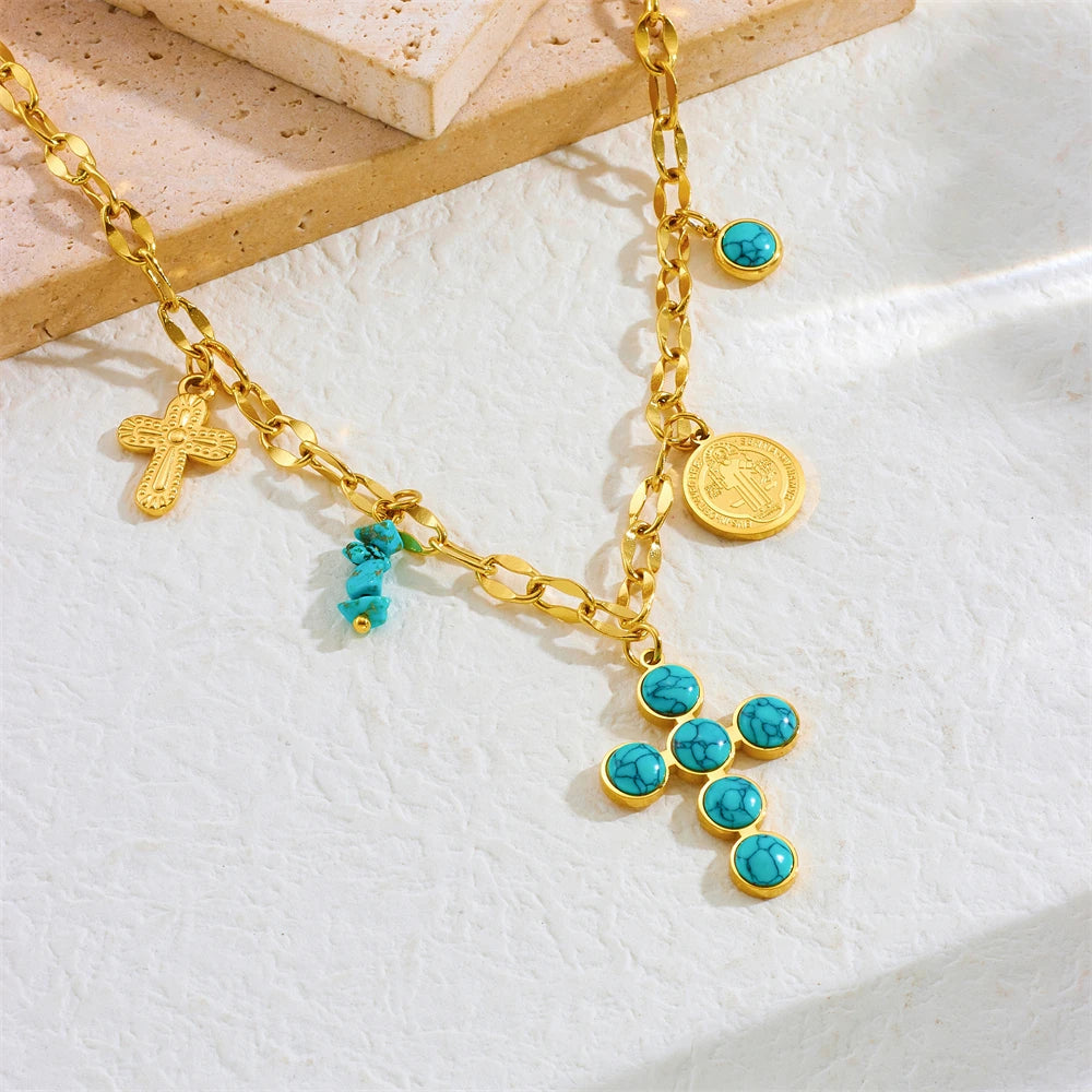 Unique Stainless Steel Round Turquoise Inlaid Cross Pendant Necklace For Women Girl New Fashion Neck Chain Jewelry Gift. Limited stock available.