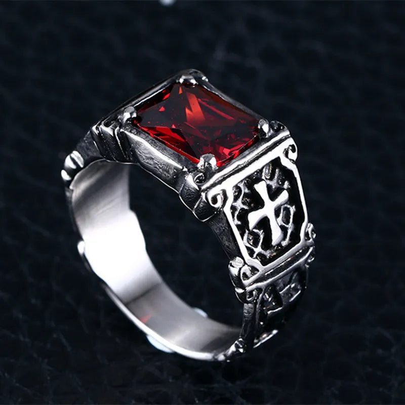 Fashion Personality Exquisite Red Zircon Cross Pattern Ring Charm Men's Party Jewelry Accessories Amulet Gift. Limited stock available.