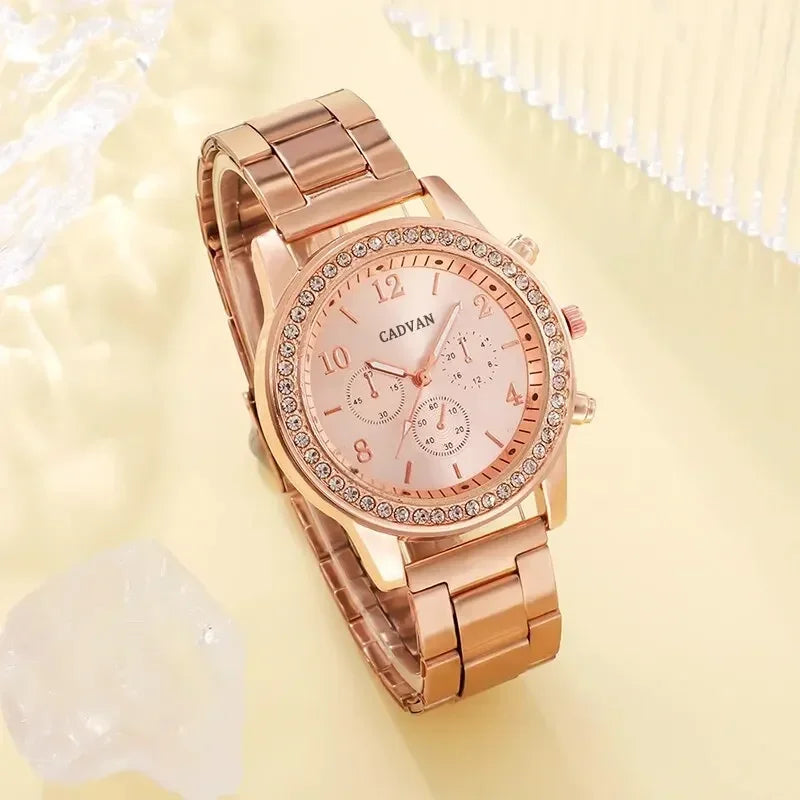 6PCS Set Rose Gold Luxury Watch Women Ring Necklace Earring Rhinestone Fashion Wristwatch Casual Ladies Bracelet Watches. Limited stock available.