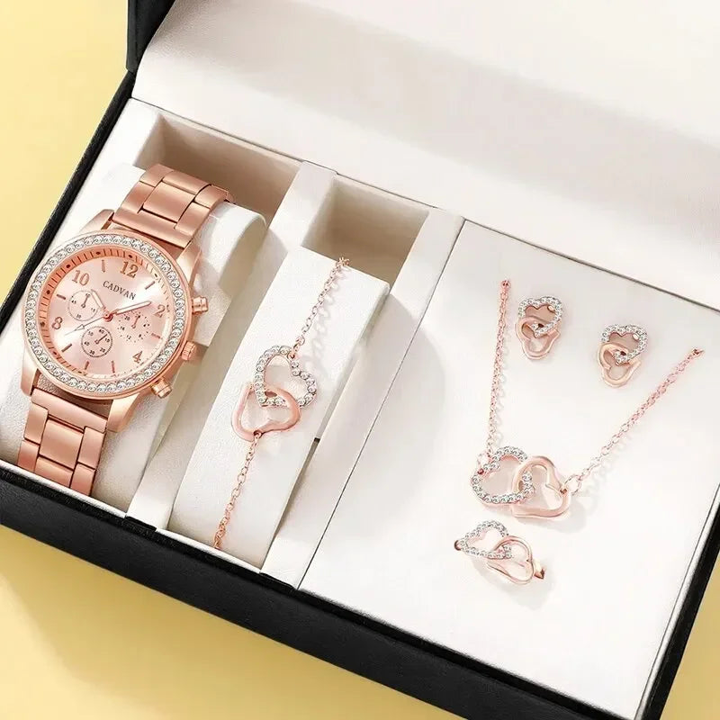 6PCS Set Rose Gold Luxury Watch Women Ring Necklace Earring Rhinestone Fashion Wristwatch Casual Ladies Bracelet Watches. Limited stock available.