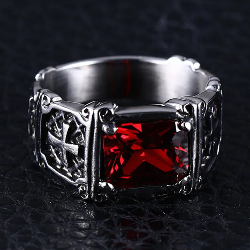 Fashion Personality Exquisite Red Zircon Cross Pattern Ring Charm Men's Party Jewelry Accessories Amulet Gift. Limited stock available.