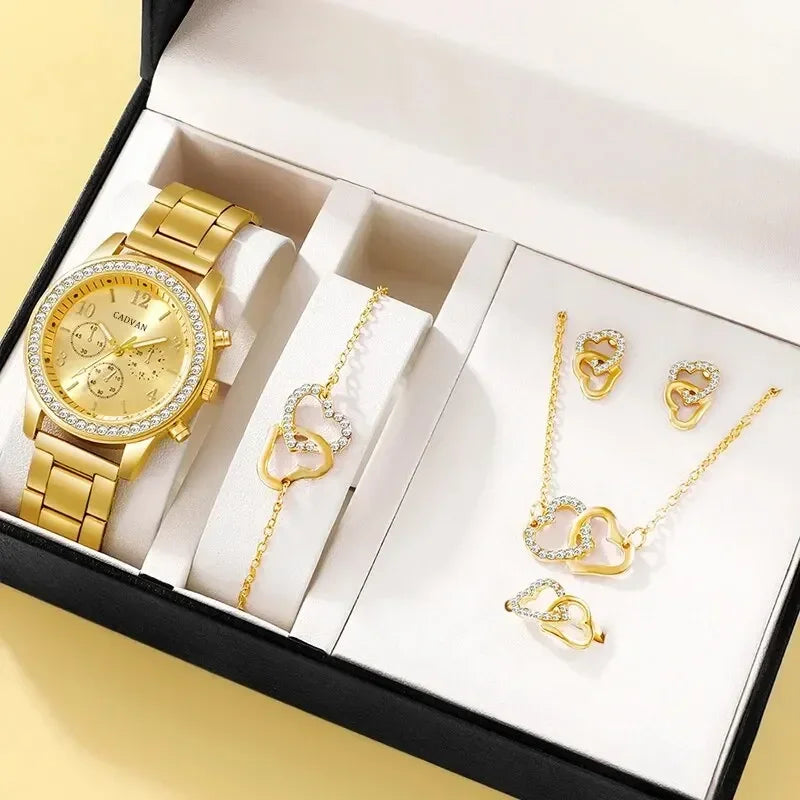 6PCS Set Rose Gold Luxury Watch Women Ring Necklace Earring Rhinestone Fashion Wristwatch Casual Ladies Bracelet Watches. Limited stock available.