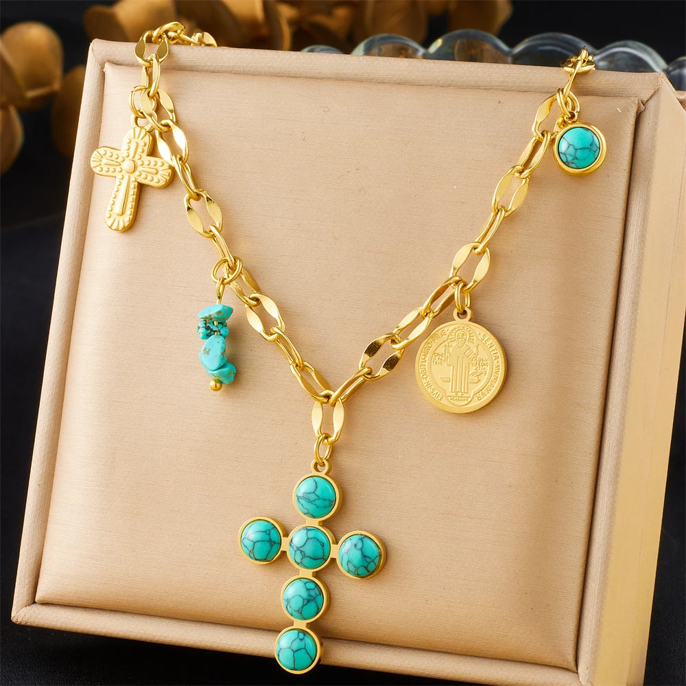 Unique Stainless Steel Round Turquoise Inlaid Cross Pendant Necklace For Women Girl New Fashion Neck Chain Jewelry Gift. Limited stock available.