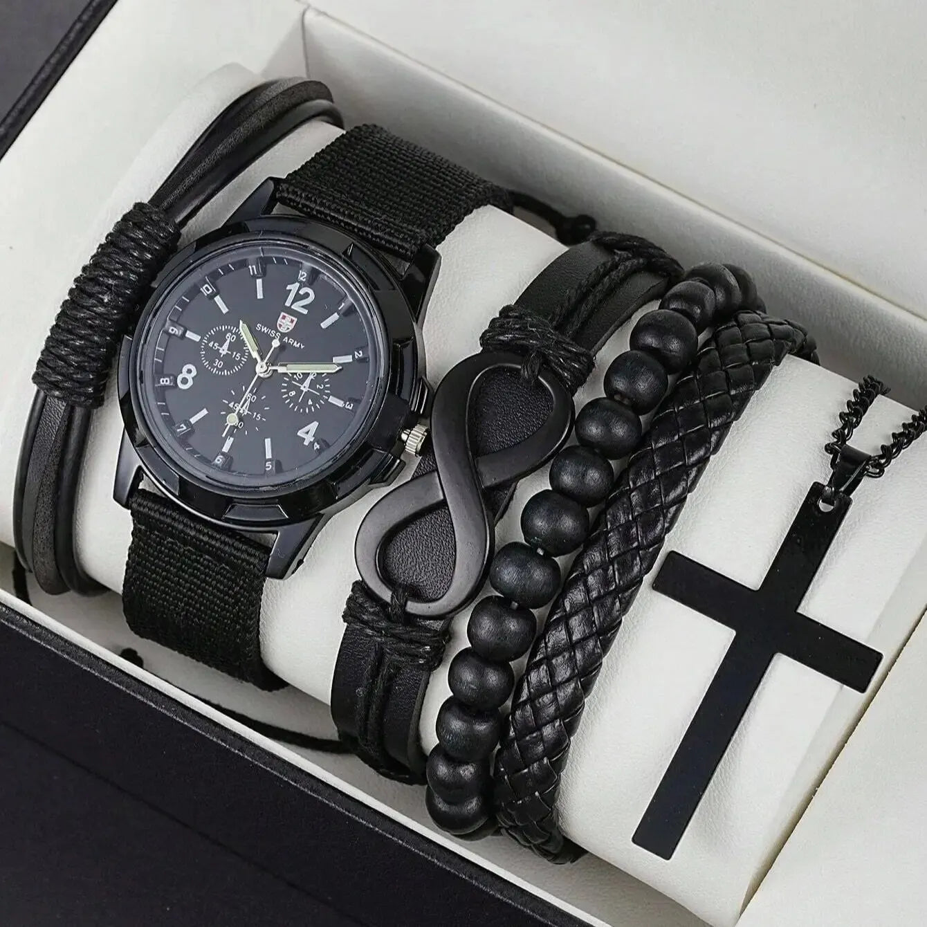 6pcs_Set Fashionable Pu Leather '8' Shape Beaded Bracelet With Mechanical Watch, Cross Pendant Necklace For Men, Black-Colored. Limited stock available.