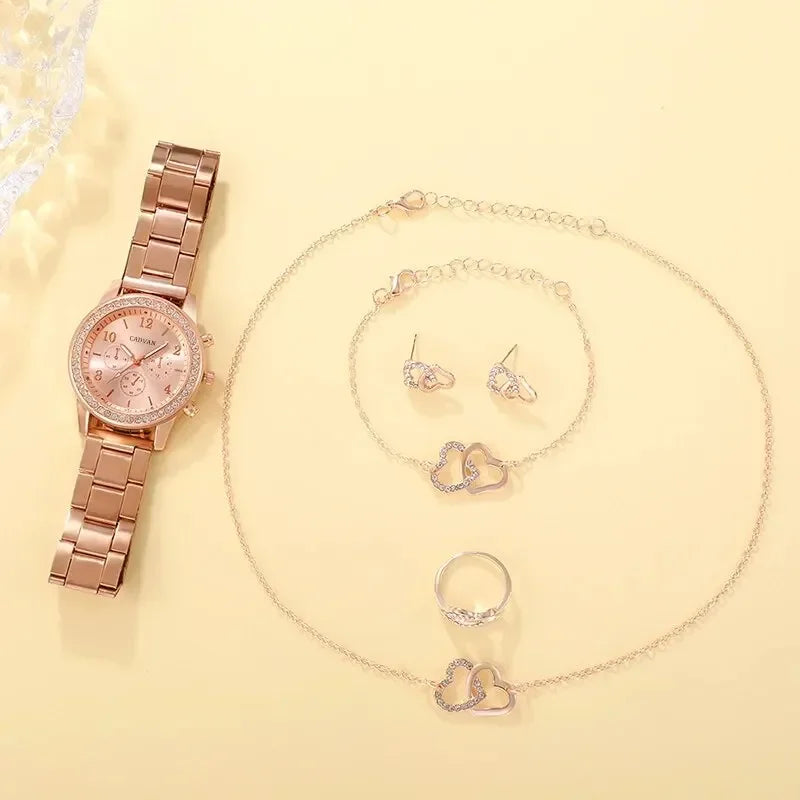 6PCS Set Rose Gold Luxury Watch Women Ring Necklace Earring Rhinestone Fashion Wristwatch Casual Ladies Bracelet Watches. Limited stock available.