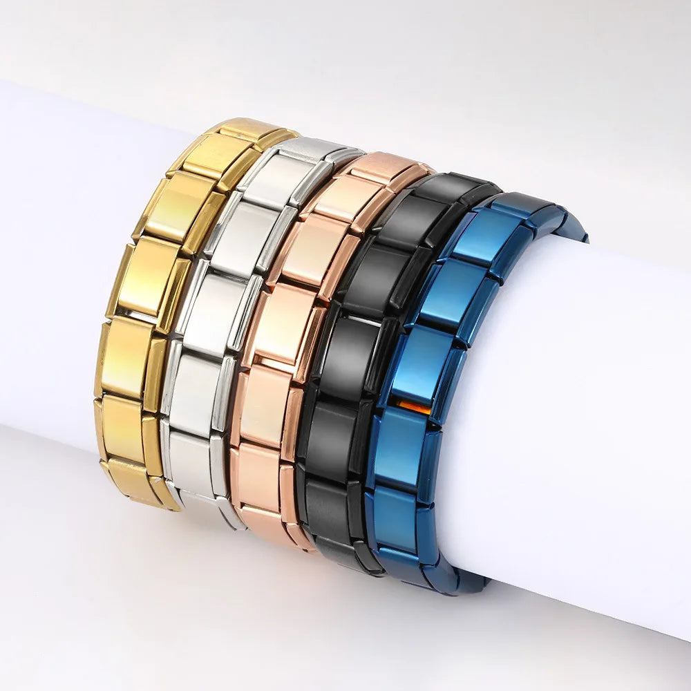 Trendy Square Italy Stainless Steel Bracelets For Women Men HipHop Metal Italian Modules Stretchable Gift Birthday Party Jewelry. Limited stock available.