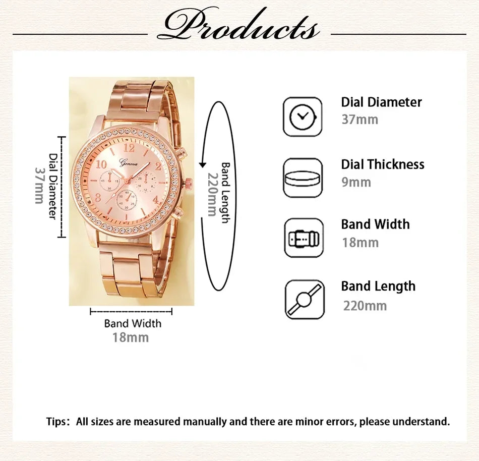 6PCS Set Rose Gold Luxury Watch Women Ring Necklace Earring Rhinestone Fashion Wristwatch Casual Ladies Bracelet Watches. Limited stock available.