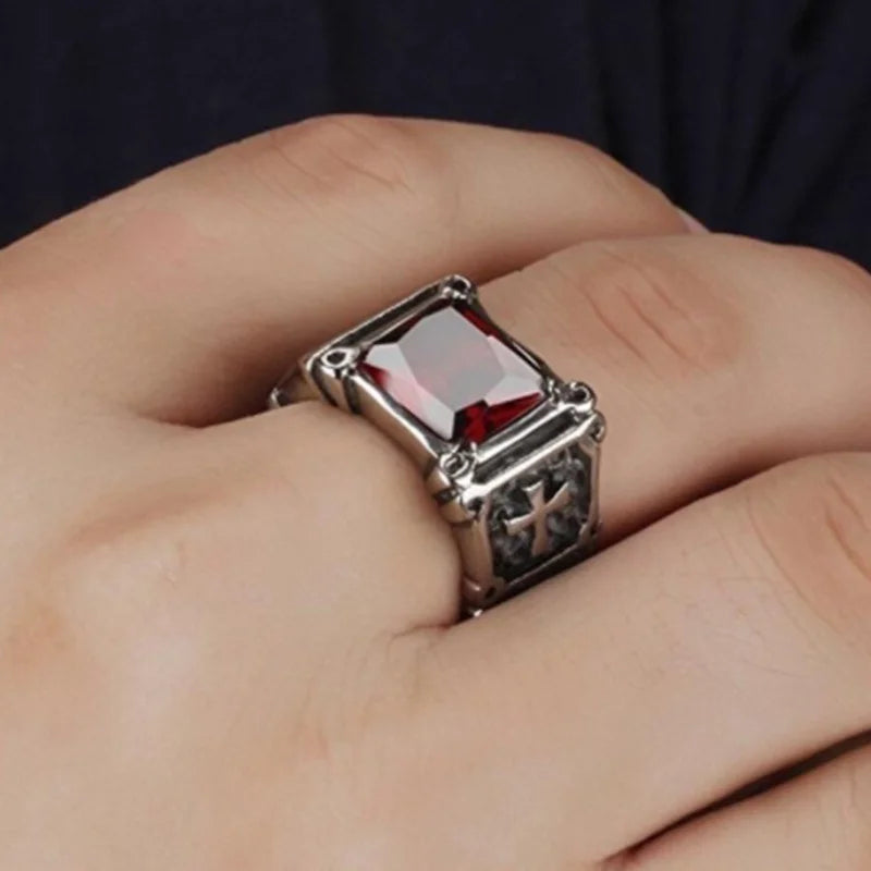 Fashion Personality Exquisite Red Zircon Cross Pattern Ring Charm Men's Party Jewelry Accessories Amulet Gift. Limited stock available.