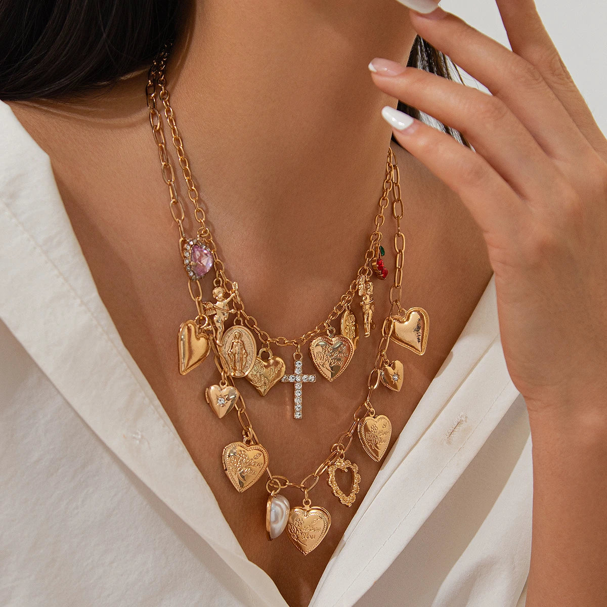 Ingemark Fashionable 2Pcs/Set Punk Classic Metal Chain Necklace for Women Vintage Love Heart Rhinestone Cross Pendant New Year Jewelry Gift. Limited stock available.