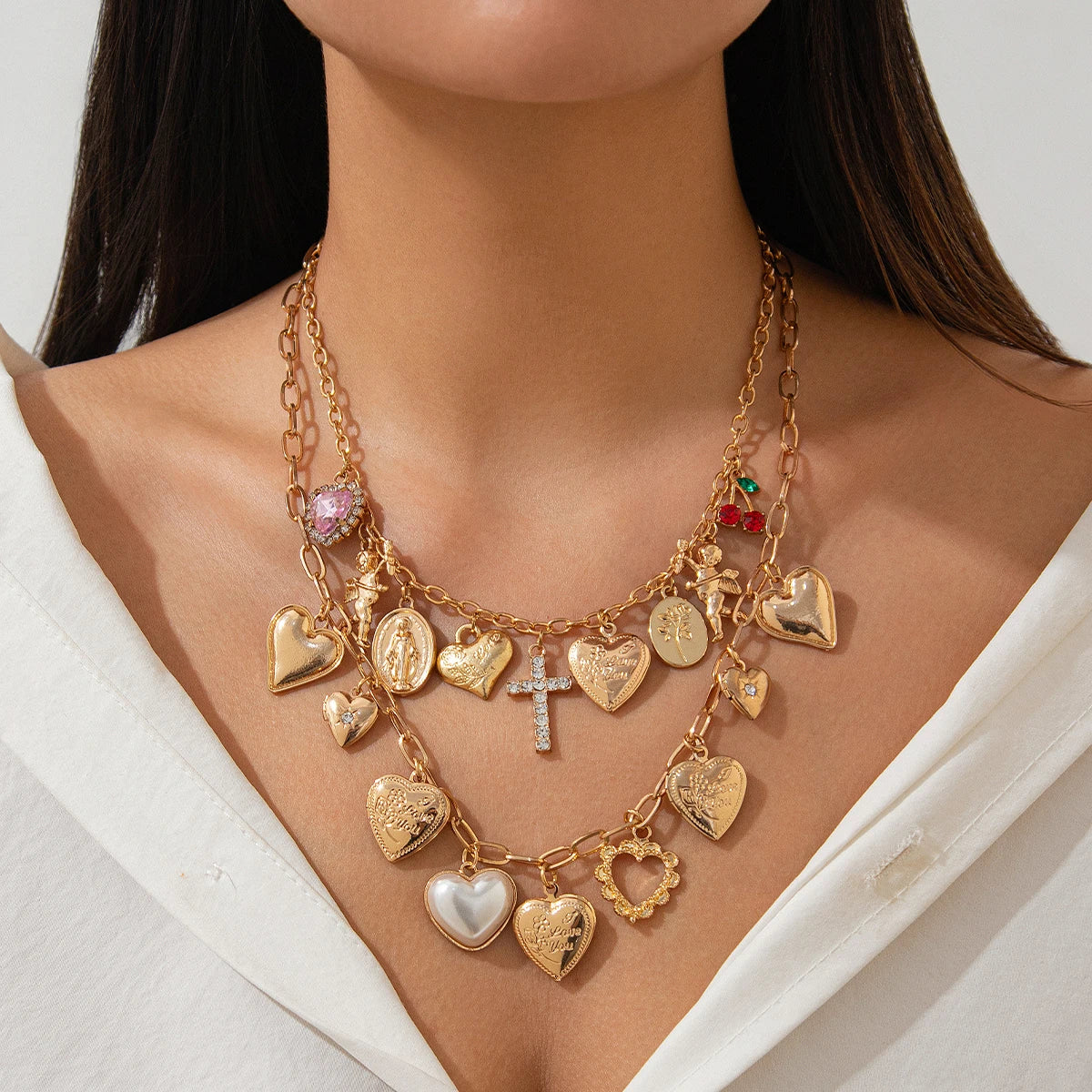 Ingemark Fashionable 2Pcs/Set Punk Classic Metal Chain Necklace for Women Vintage Love Heart Rhinestone Cross Pendant New Year Jewelry Gift. Limited stock available.