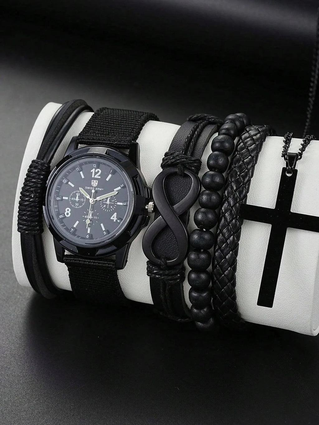 6pcs_Set Fashionable Pu Leather '8' Shape Beaded Bracelet With Mechanical Watch, Cross Pendant Necklace For Men, Black-Colored. Limited stock available.