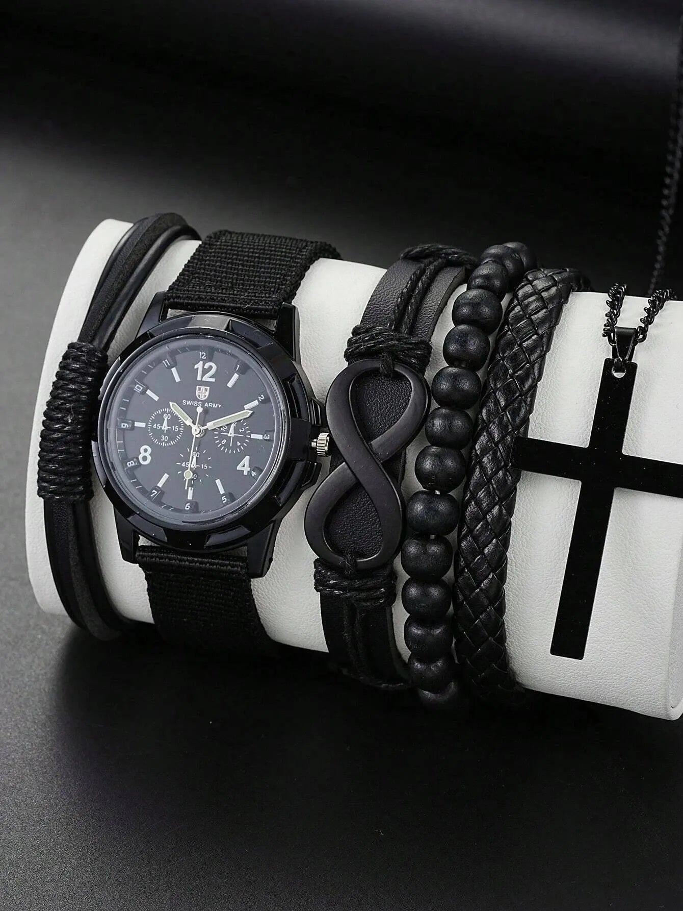 6pcs_Set Fashionable Pu Leather '8' Shape Beaded Bracelet With Mechanical Watch, Cross Pendant Necklace For Men, Black-Colored. Limited stock available.