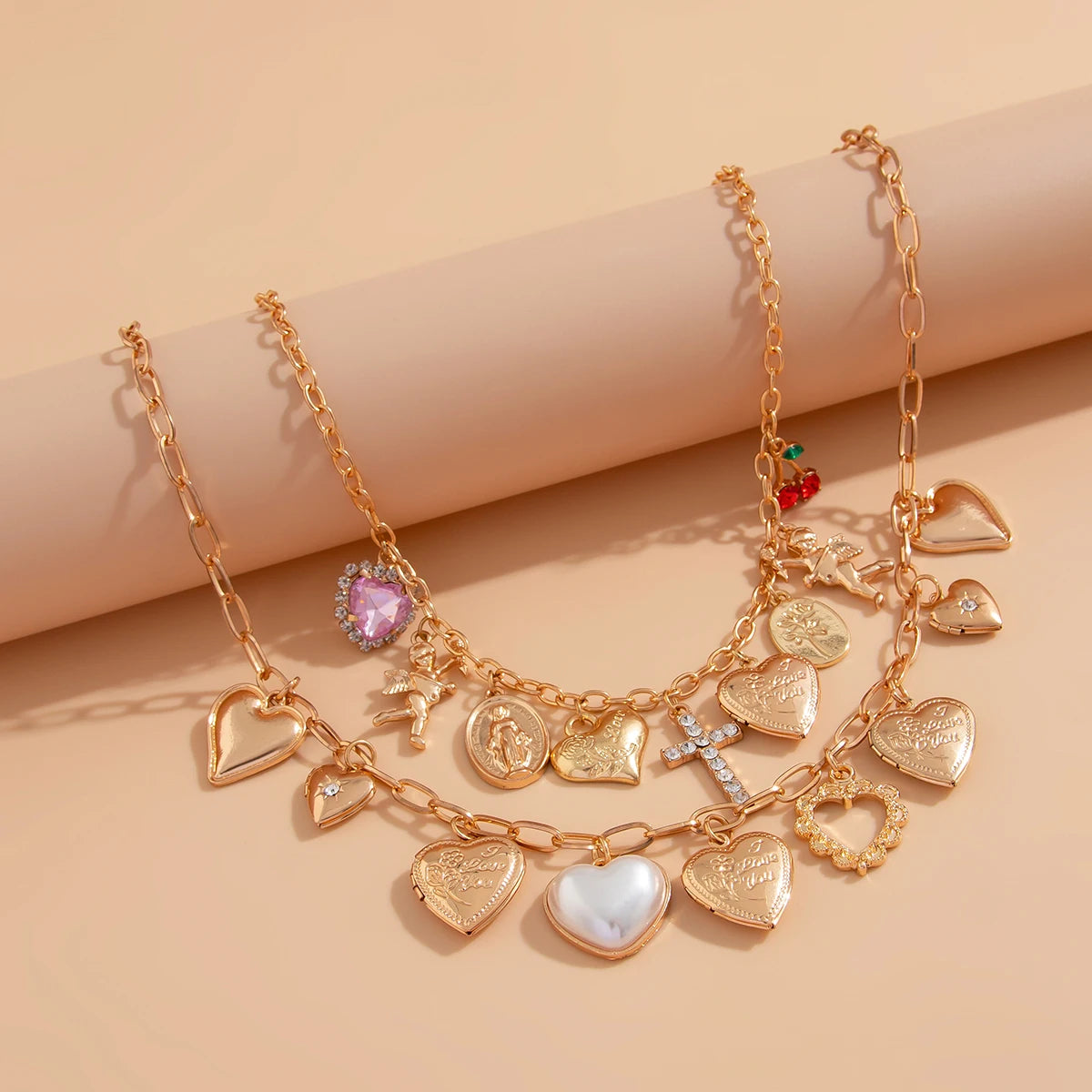 Ingemark Fashionable 2Pcs/Set Punk Classic Metal Chain Necklace for Women Vintage Love Heart Rhinestone Cross Pendant New Year Jewelry Gift. Limited stock available.