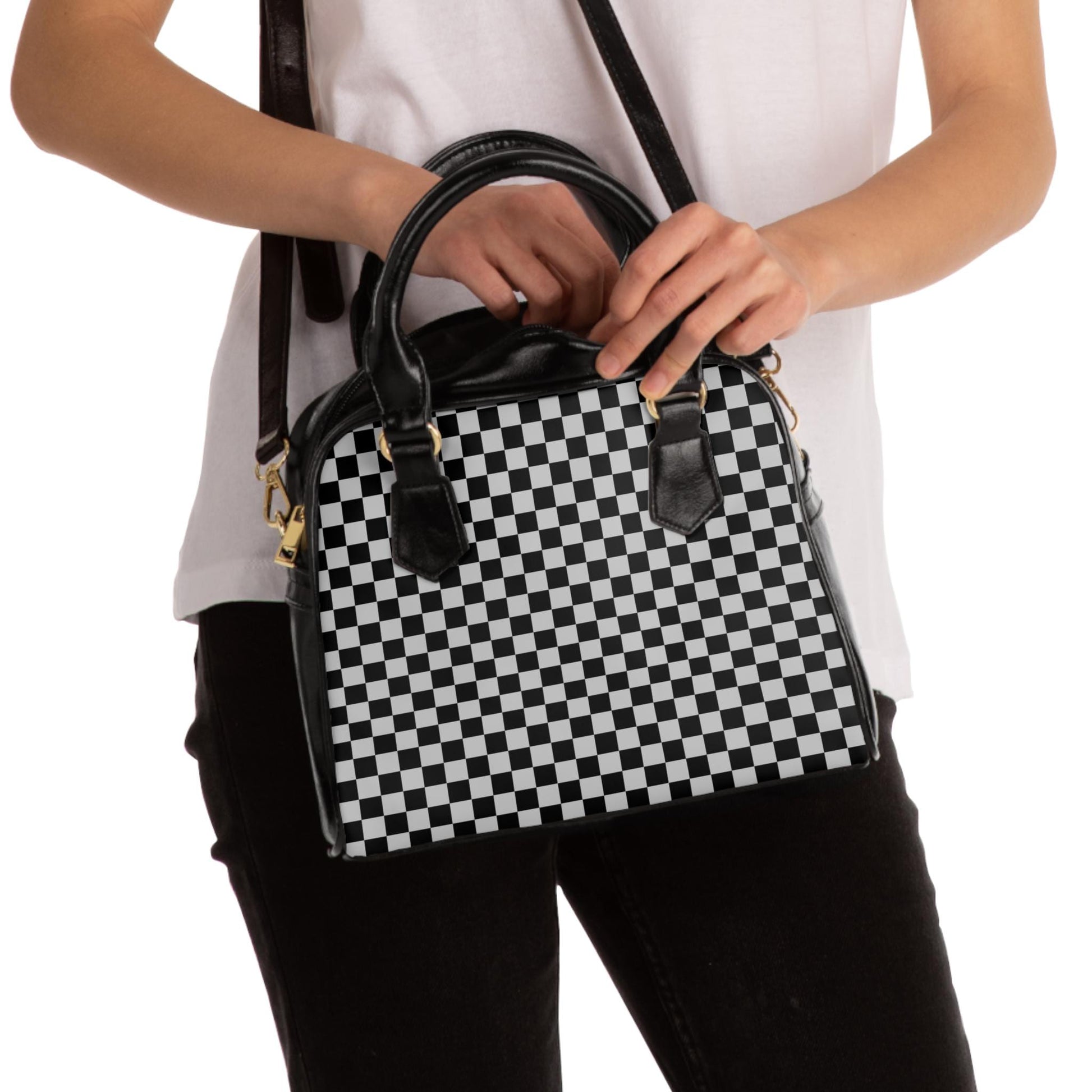 Black And Grey Designer Checkered Shoulder Handbag Checkered Handbag Black Checker Purse Checkered Shoulder Bag Bowler Bag Gift For Her - A Kingdom Lifestyle