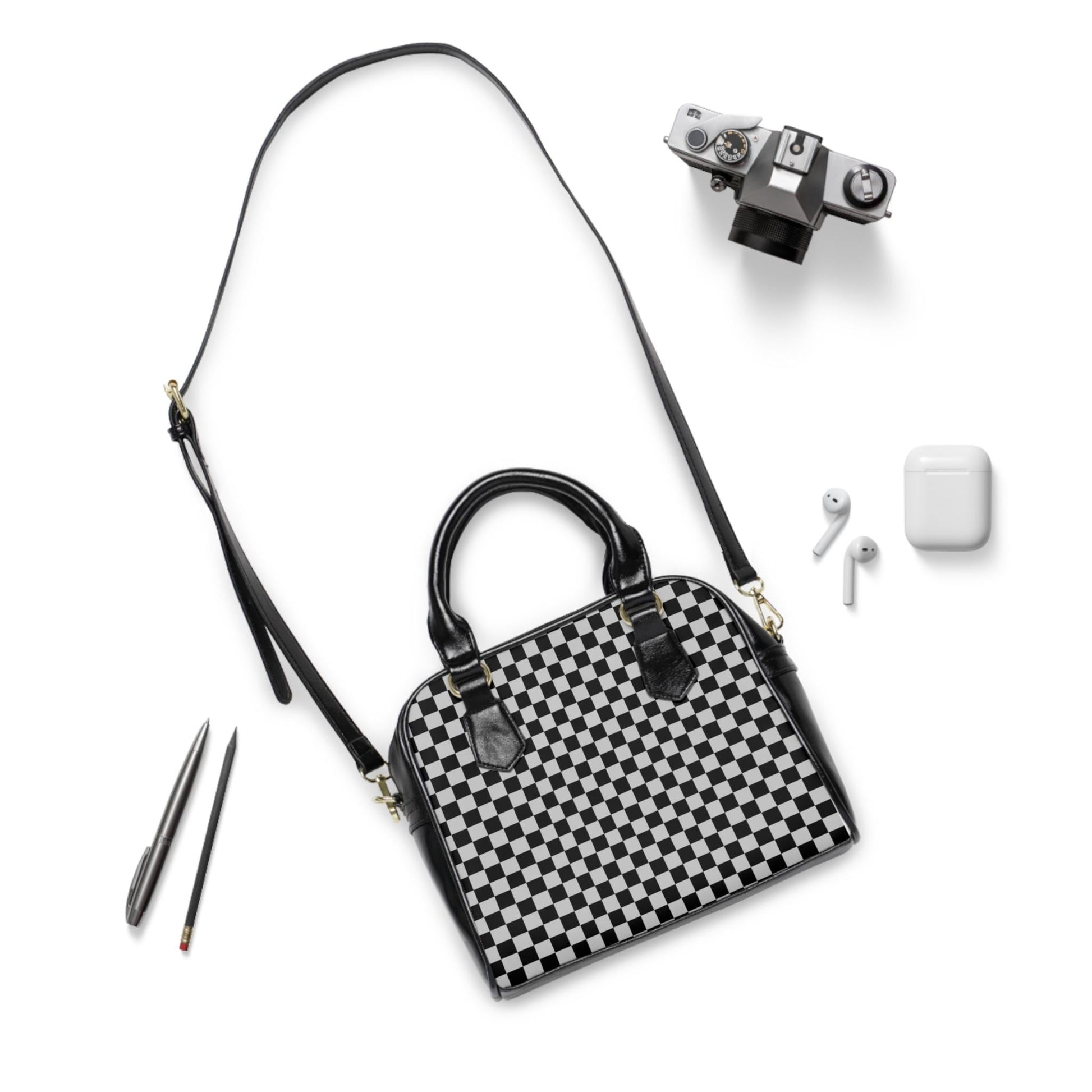 Black And Grey Designer Checkered Shoulder Handbag Checkered Handbag Black Checker Purse Checkered Shoulder Bag Bowler Bag Gift For Her - A Kingdom Lifestyle