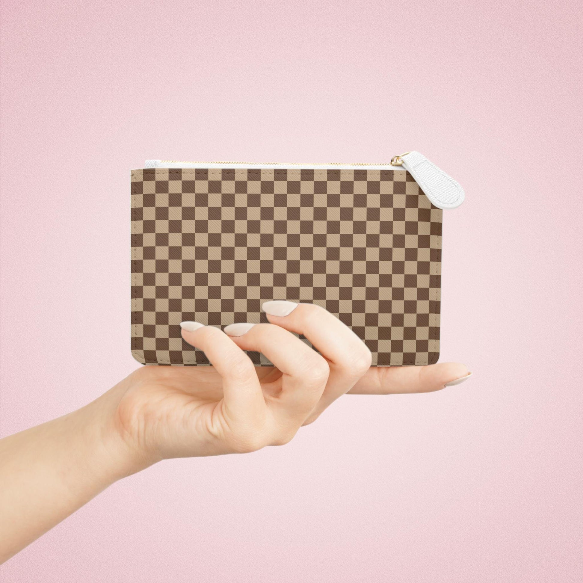 Brown Checkered Mini Clutch Bag Checkered Makeup Bag Makeup Pouch Cosmetic Bag Toiletry Bag Coin Purse Gift for Her Best Friend Gift - A Kingdom Lifestyle
