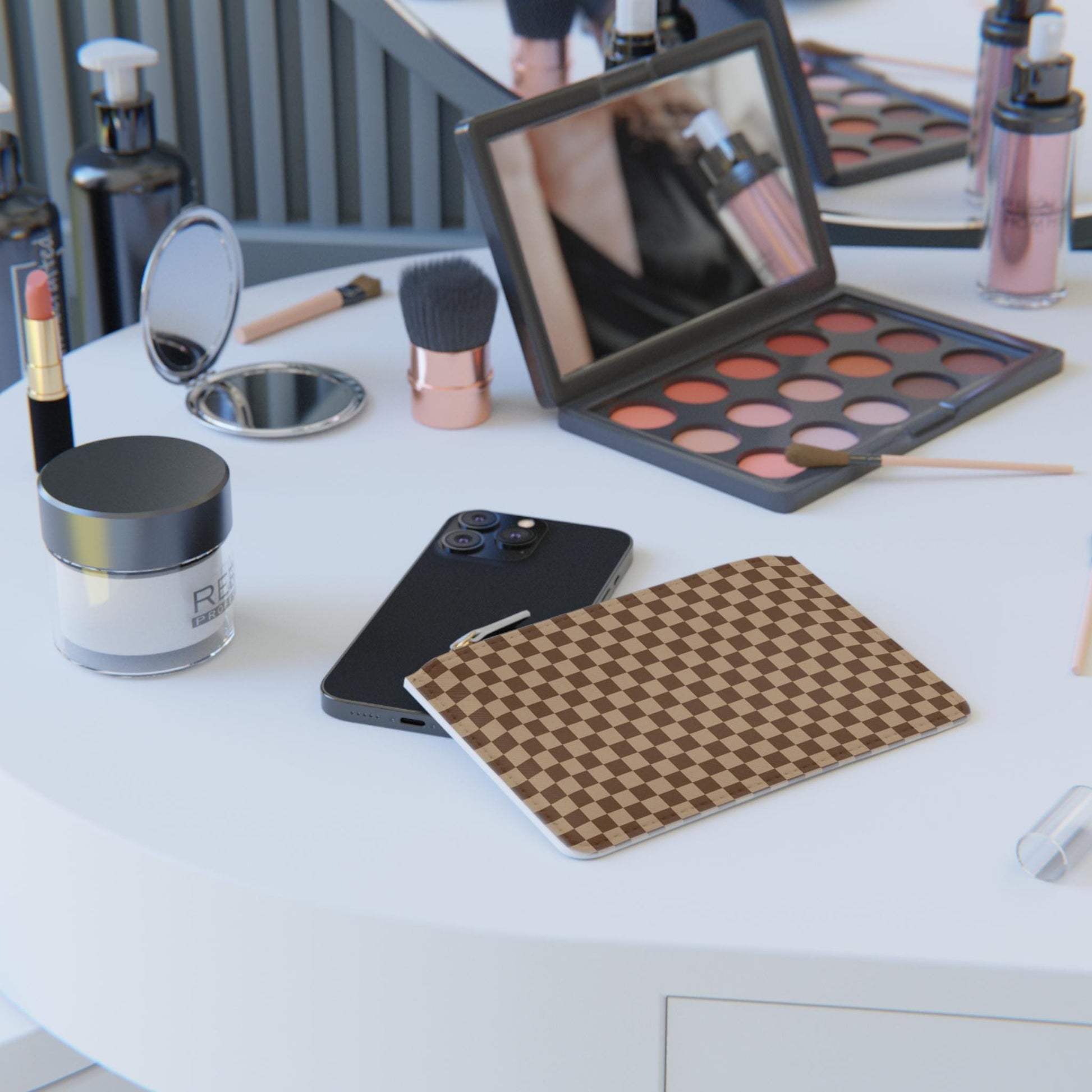 Brown Checkered Mini Clutch Bag Checkered Makeup Bag Makeup Pouch Cosmetic Bag Toiletry Bag Coin Purse Gift for Her Best Friend Gift - A Kingdom Lifestyle