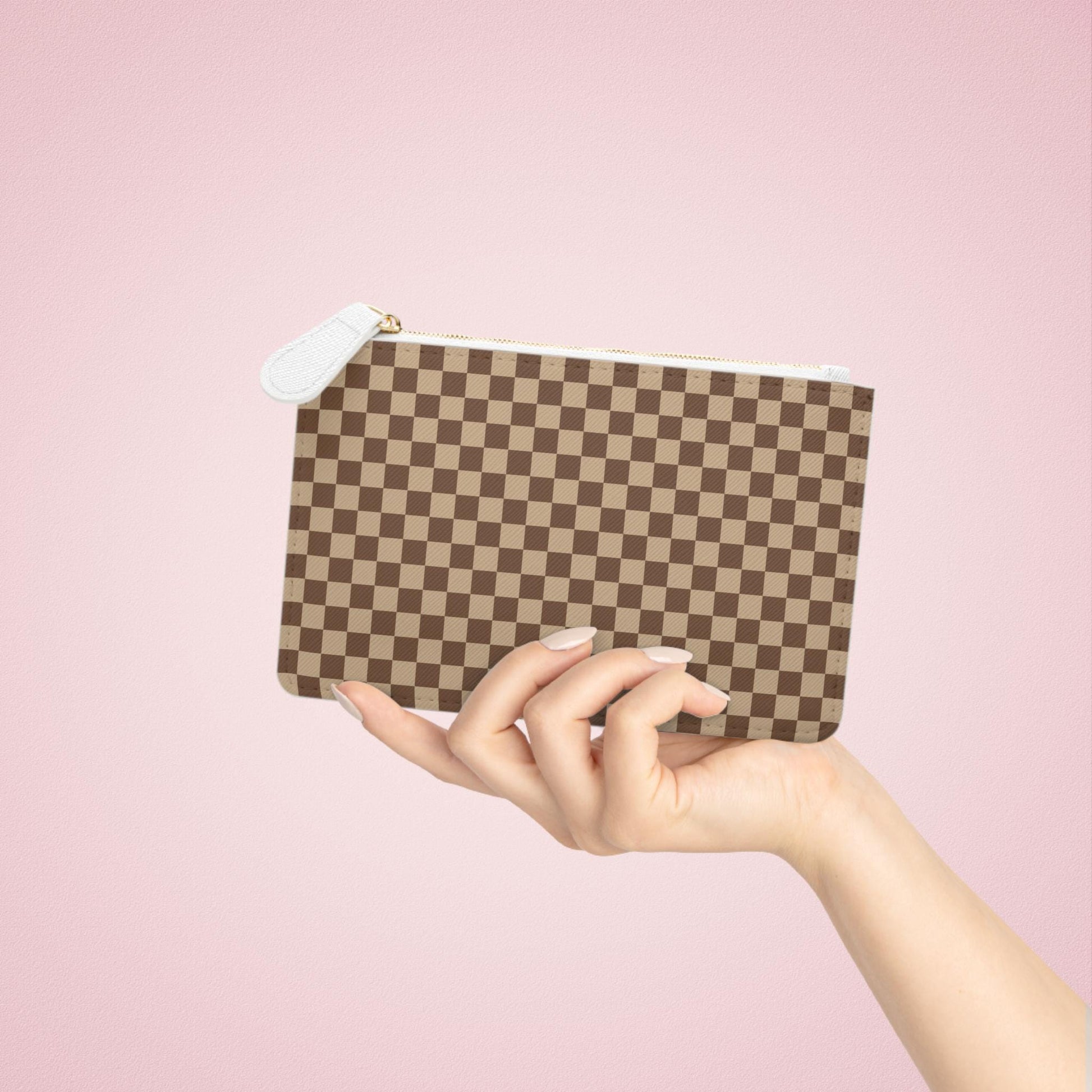 Brown Checkered Mini Clutch Bag Checkered Makeup Bag Makeup Pouch Cosmetic Bag Toiletry Bag Coin Purse Gift for Her Best Friend Gift - A Kingdom Lifestyle