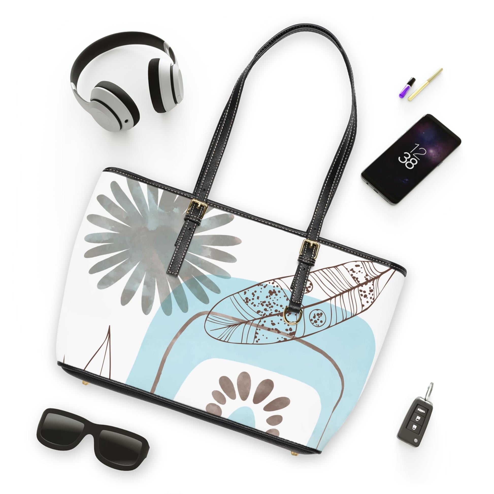 Chic Turquosie Mod Print PU Leather Shoulder Bag with Bohemian Floral Design Casual Carryall, Stylish Handbag, Perfect Gift for Her - A Kingdom Lifestyle