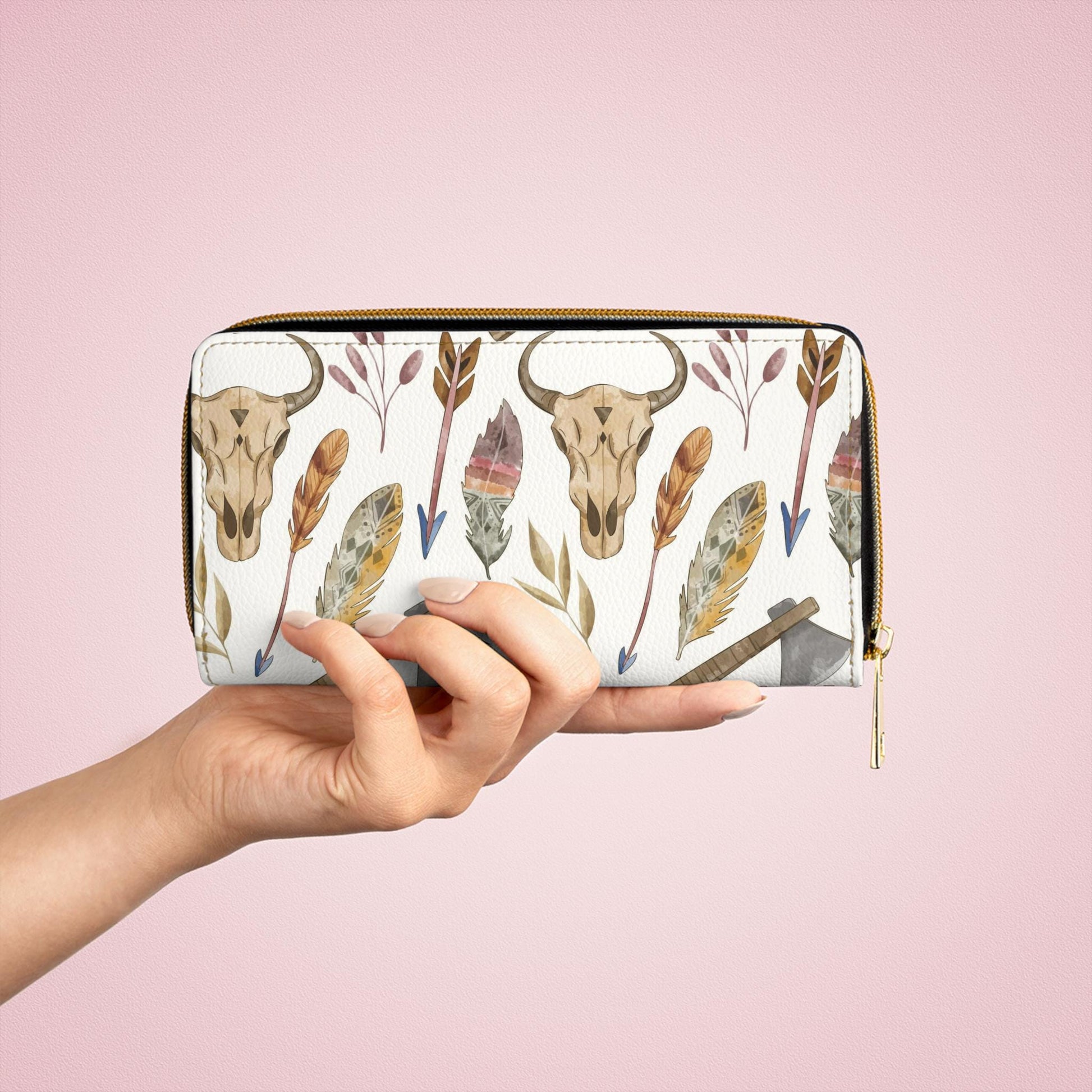 Country Western Zipper Wallet, Cow Skull Print Purse, Rustic Leather Clutch, Gift for Her, Travel Organizer, Festival Accessory - A Kingdom Lifestyle