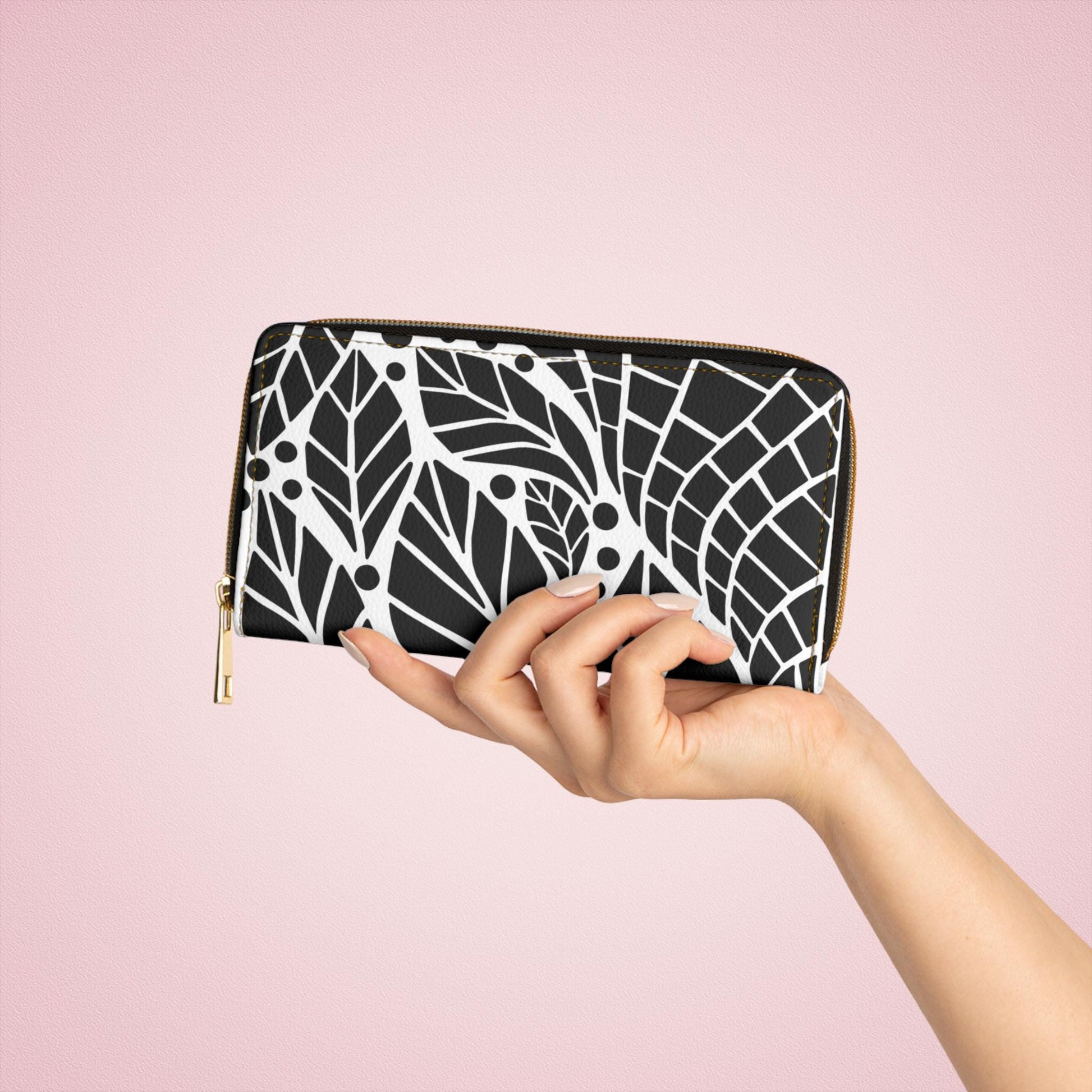 Chic Black & White Leaf Zipper Wallet, Stylish Clutch, Everyday Organizer, Gift for Her, Floral Fashion Accessory - A Kingdom Lifestyle