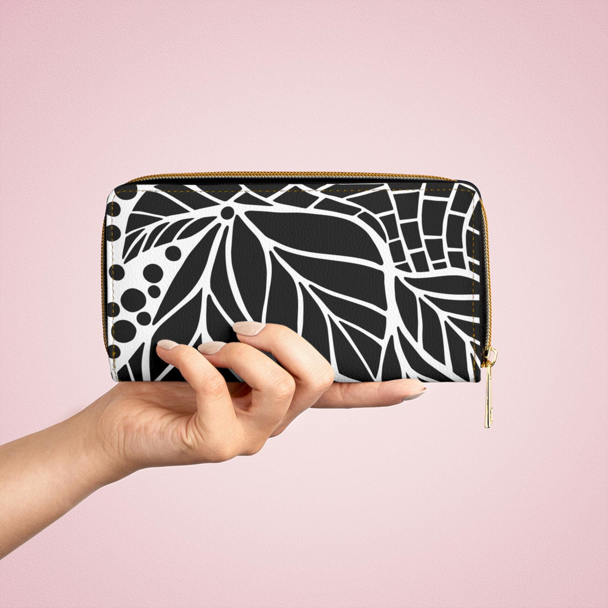 Chic Black & White Leaf Zipper Wallet, Stylish Clutch, Everyday Organizer, Gift for Her, Floral Fashion Accessory - A Kingdom Lifestyle