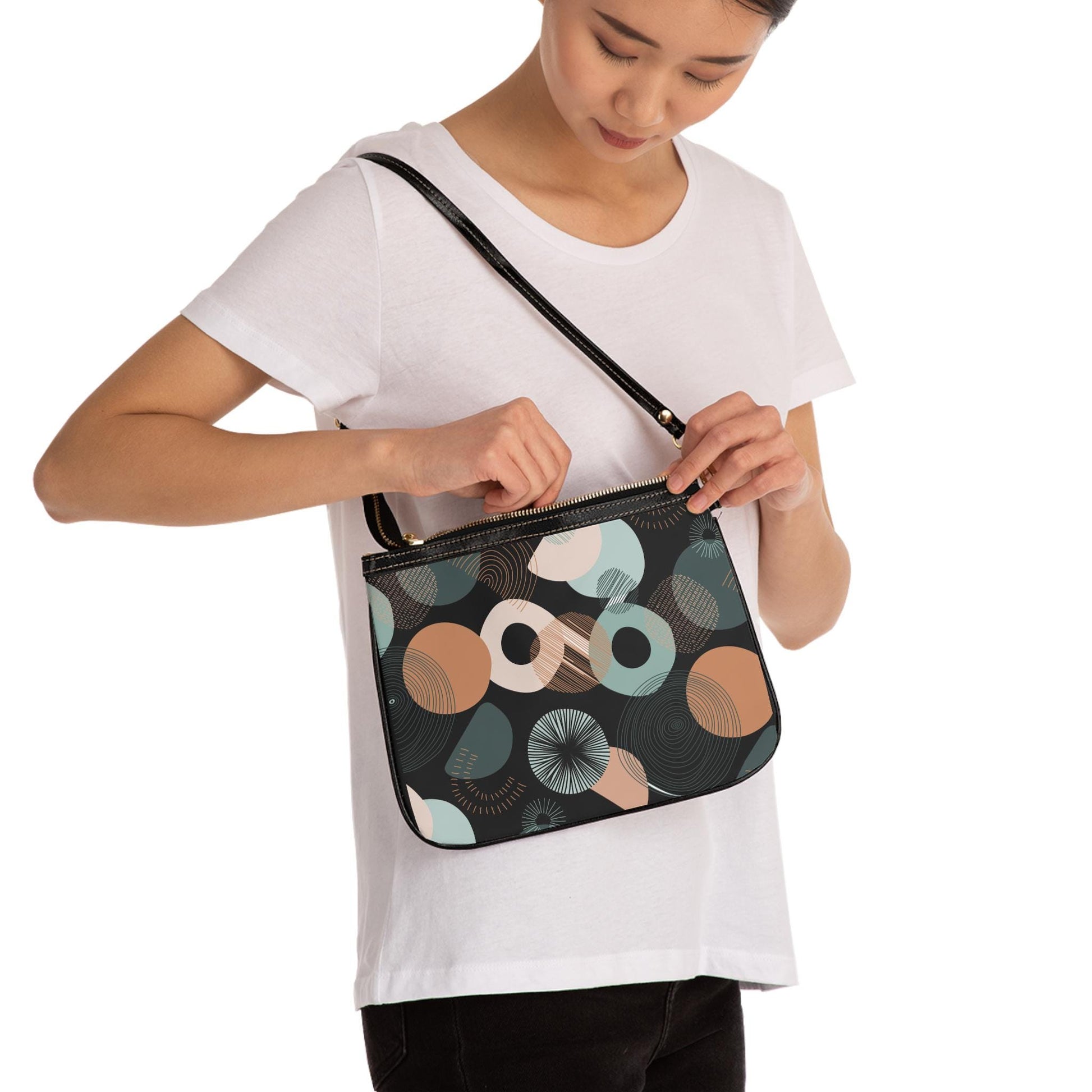 Circle Graphic Small Shoulder Bag Circle Graphic PU Leather Shoulder Bag Circle Pattern Purse Trendy Handbag Waterproof PU Leather Handbag - A Kingdom Lifestyle