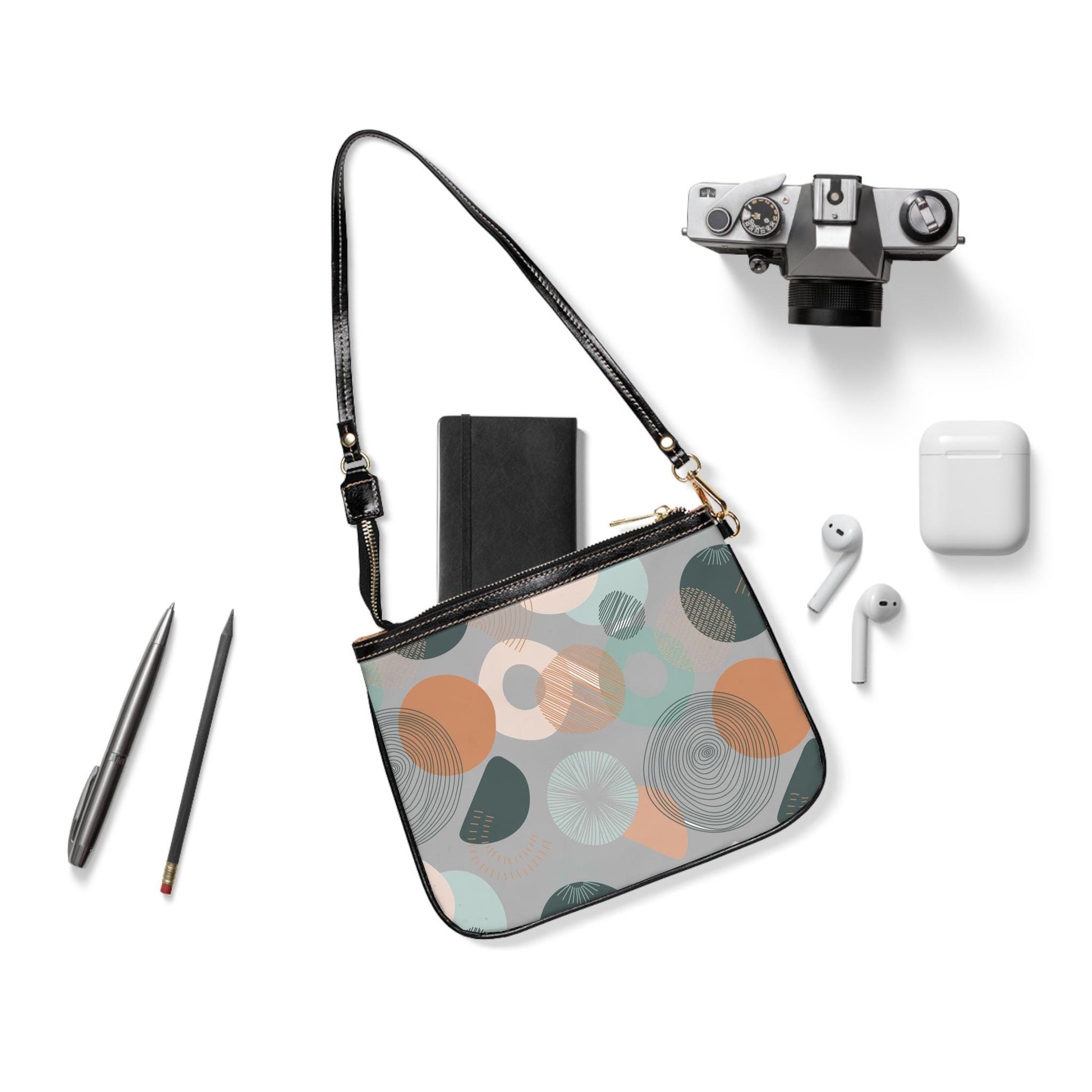 Grey Circle Graphic Small Shoulder Bag Small Shoulder Bag PU Leather Shoulder Bag Circle Pattern Purse Trendy Handbag PU Leather Handbag - A Kingdom Lifestyle