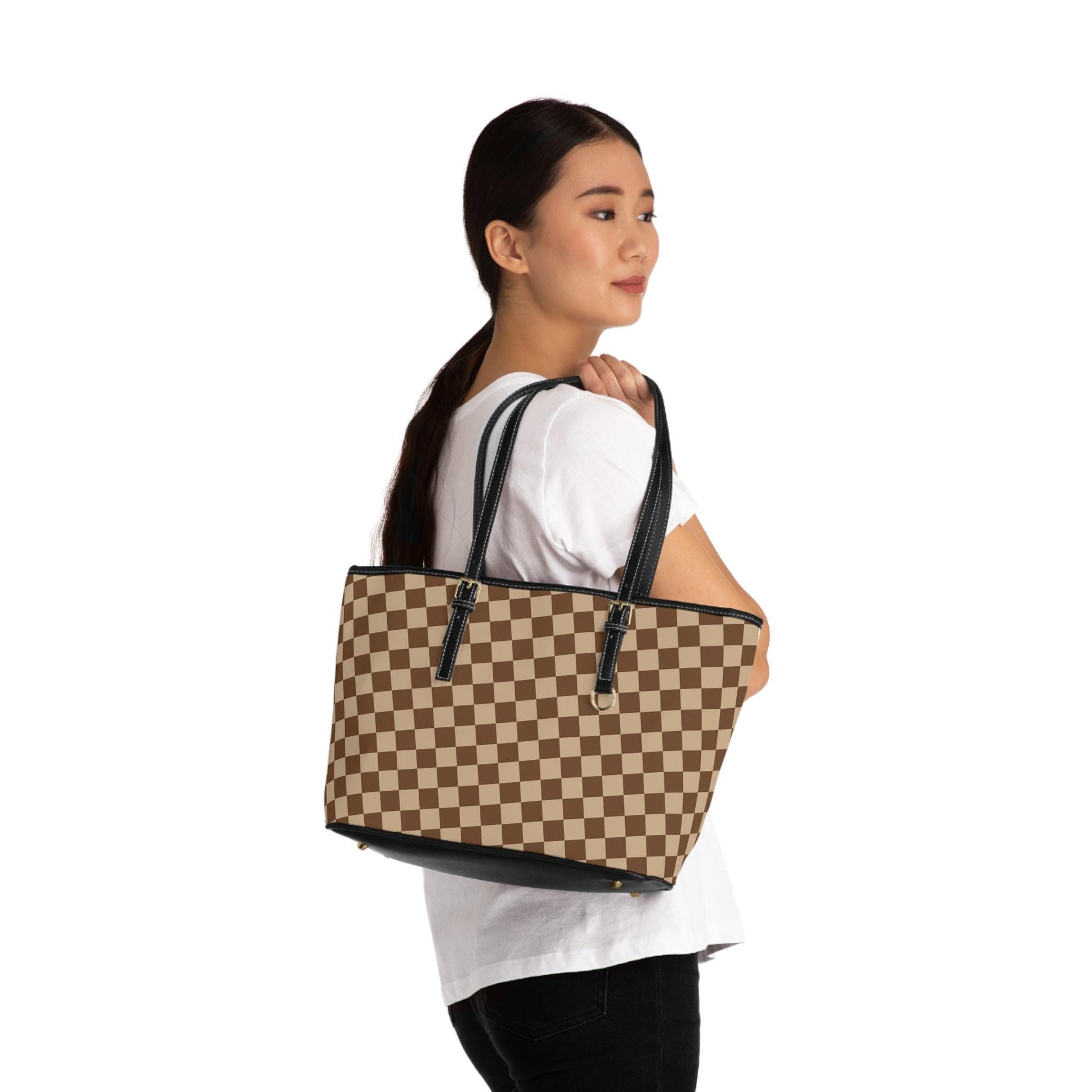Brown Checkered  PU Leather Shoulder Bag Checkered Purse Trendy Handbag Waterproof PU Leather Handbag Shoulder bag - A Kingdom Lifestyle