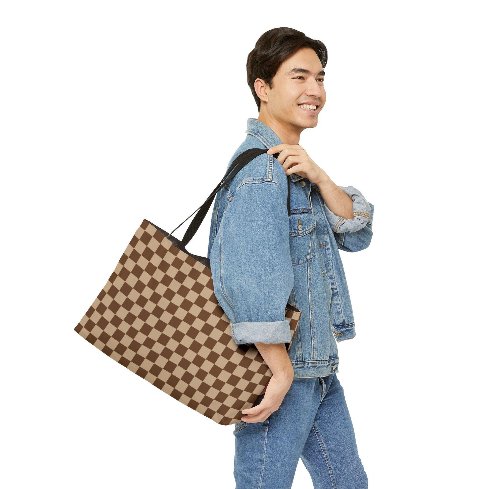 Brown Checked Designer Weekender Tote Bag Travel Bag Vintage Checkered Print Waterproof Travel Bag Overnight Bag Tote Bag Shoulder Bag - A Kingdom Lifestyle