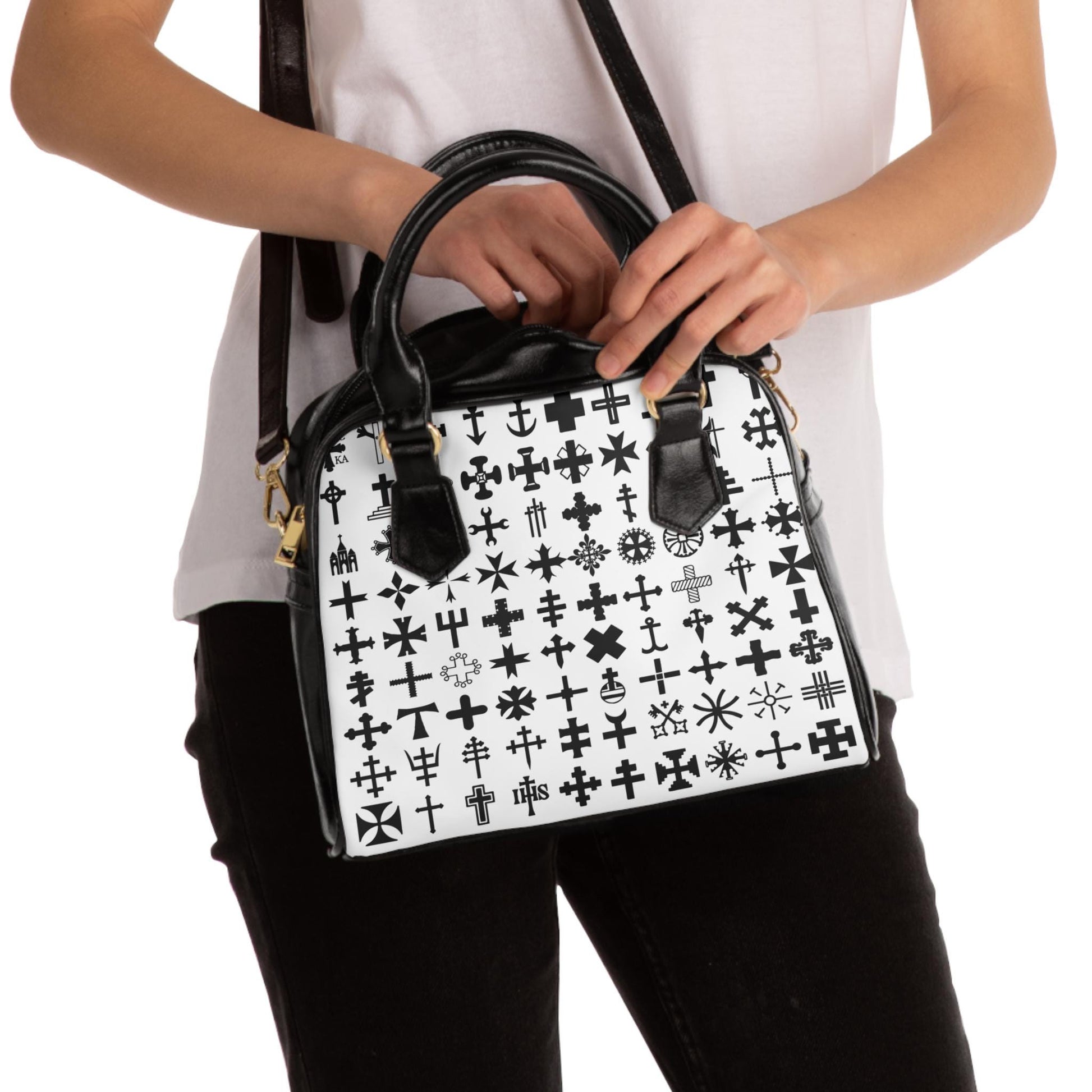 Black and White Cross Pattern Shoulder Handbag For Her Christian Shoulder Bag Christian Shoulder Bag For Her Gift For Her Cross Purse - A Kingdom Lifestyle